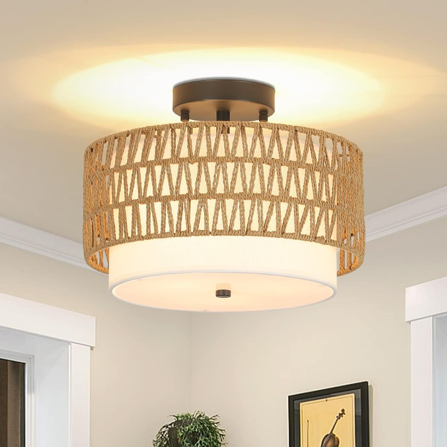3 Light Semi Flush Mount Ceiling Light Fixture, Boho Rattan Light Fixt