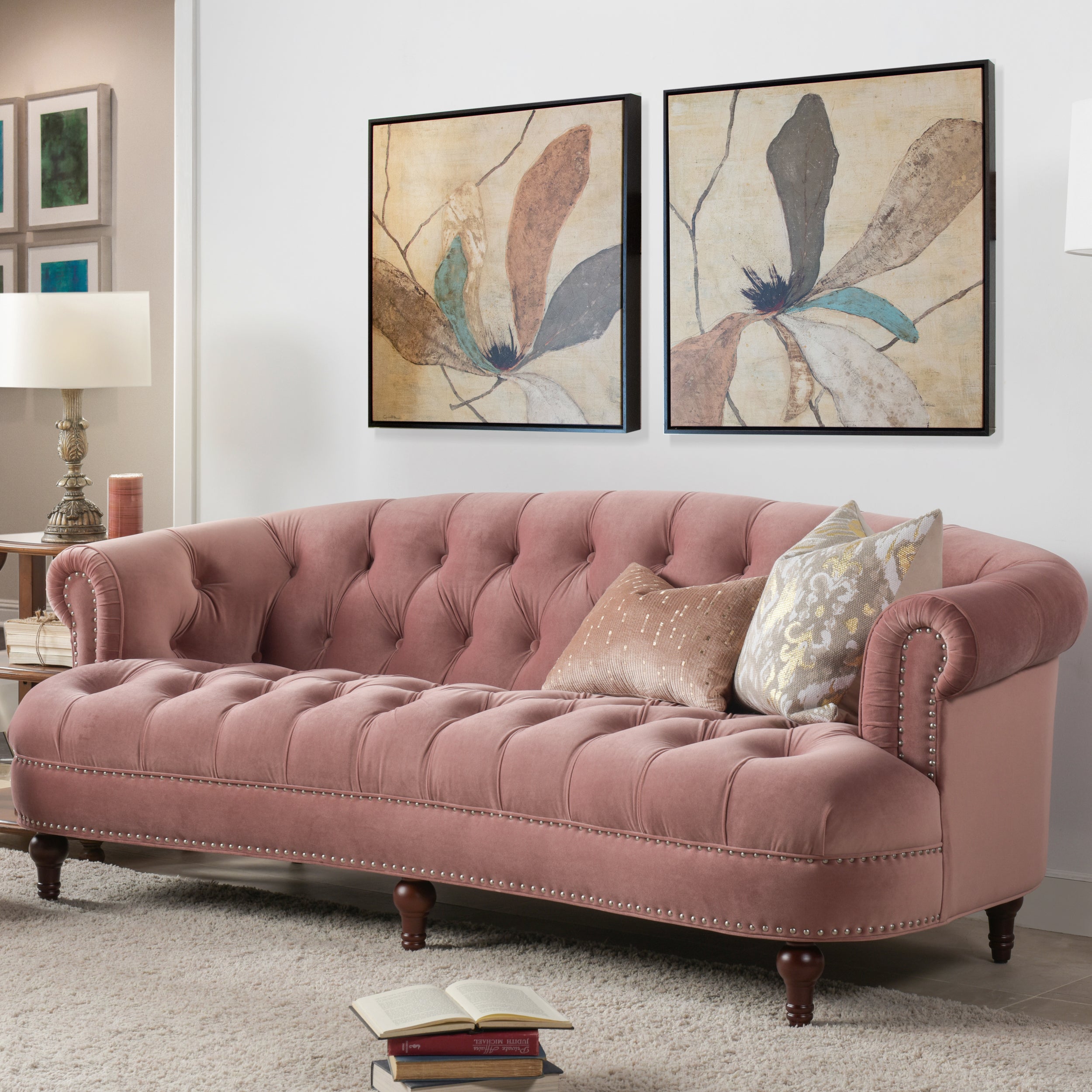 La Rosa Victorian Chesterfield Tufted Sofa, Ash Rose Pink Velvet Pink