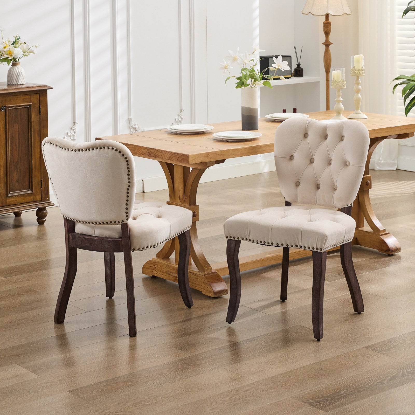 Best Quality Furniture 7 Piece Traditional Dining Set with Beige Side Chairs, image size:1600x1600