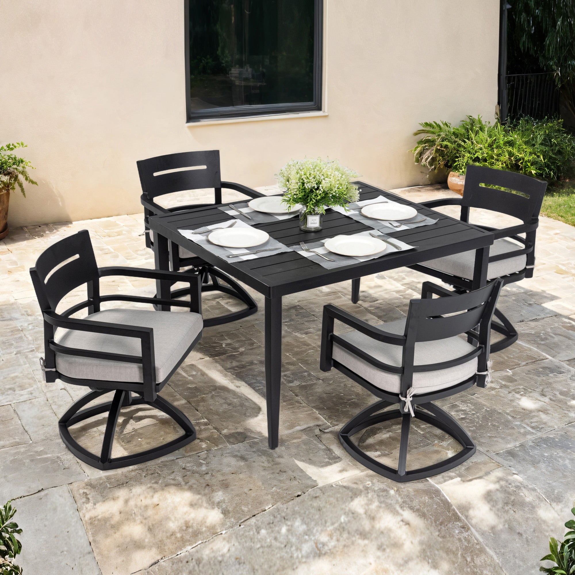 5 piece patio set with umbrella 5 Piece Outdoor Patio Aluminum Furniture, Modern Dining Set, Including 4 Swivel Rockers Sunbrella Fabric Cushioned And 40" Square Dining Table With