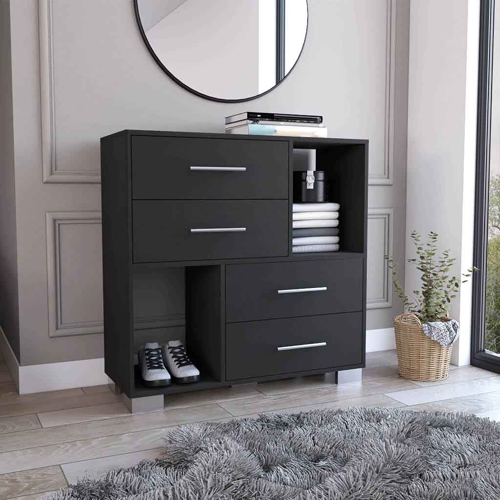 Krista Dresser, Two Open Shelves, Four Drawers Black Black Bedroom Mod