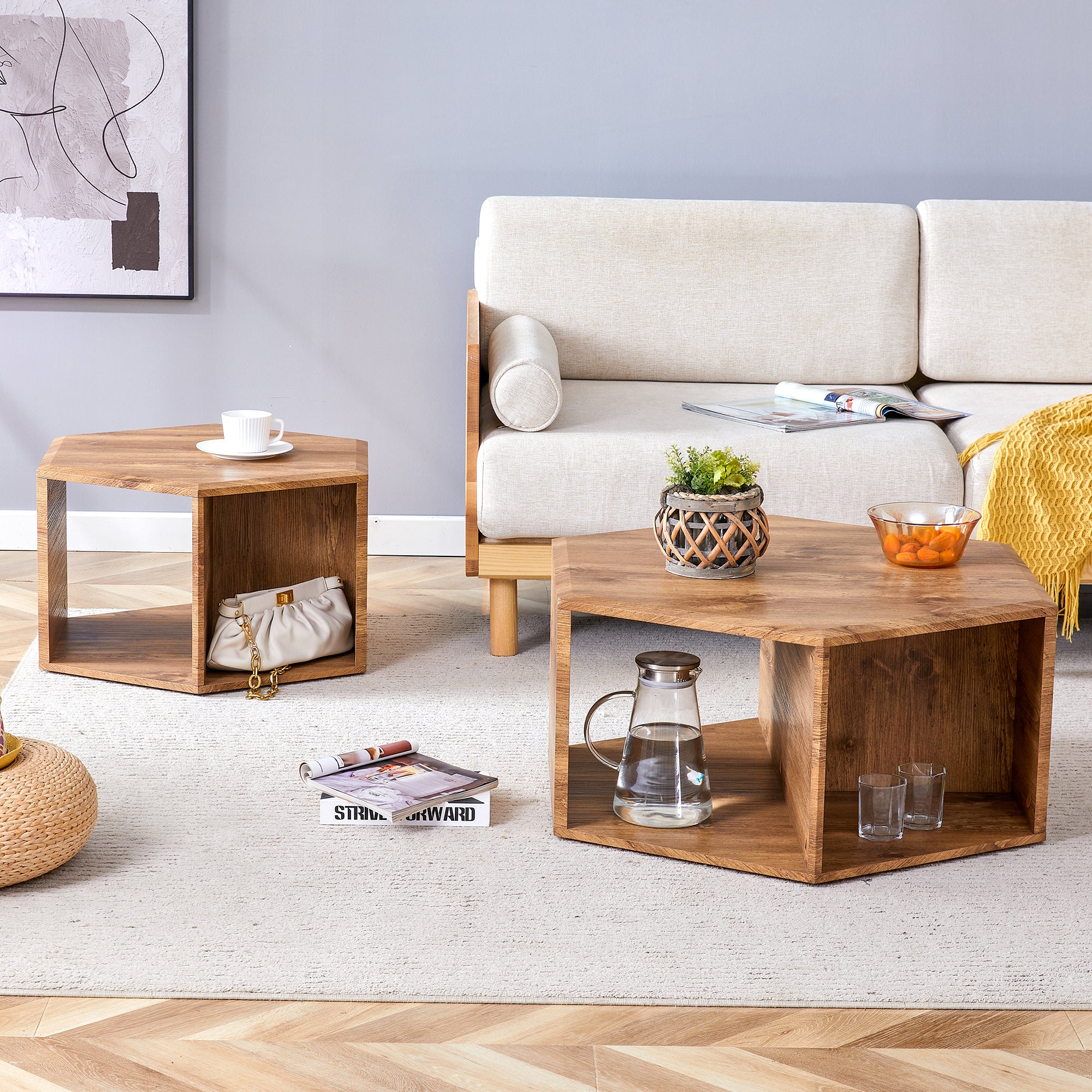 Modern Minimalist Wood Color Hexagonal Coffee Table Set.Hexagonal Mdf  Coffee Table, Characteristic Pattern Stickers, Multi Hole Design To Give  More ..., image size:2000x2000