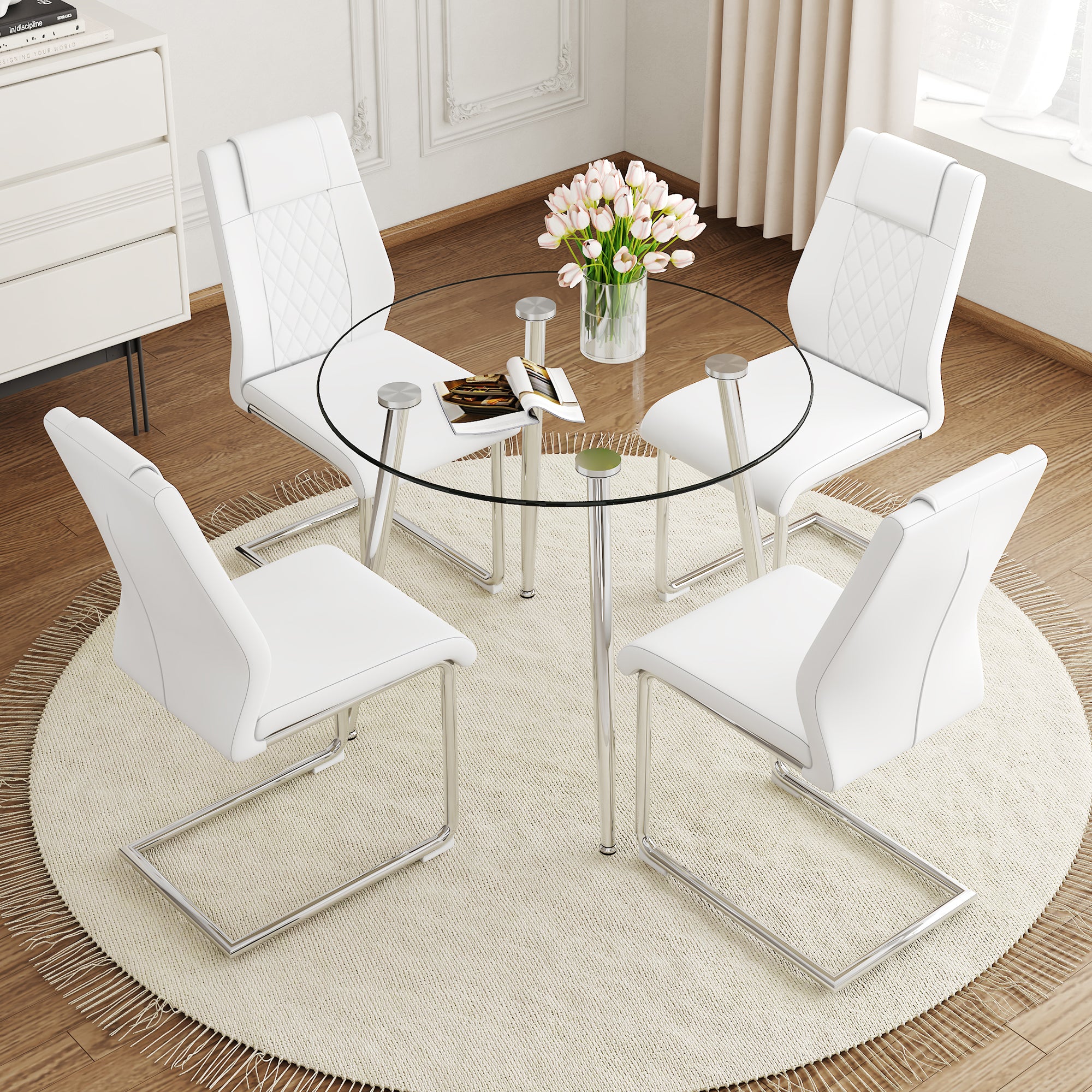 A Modern Minimalist Round Transparent Tempered Glass Table With Silver