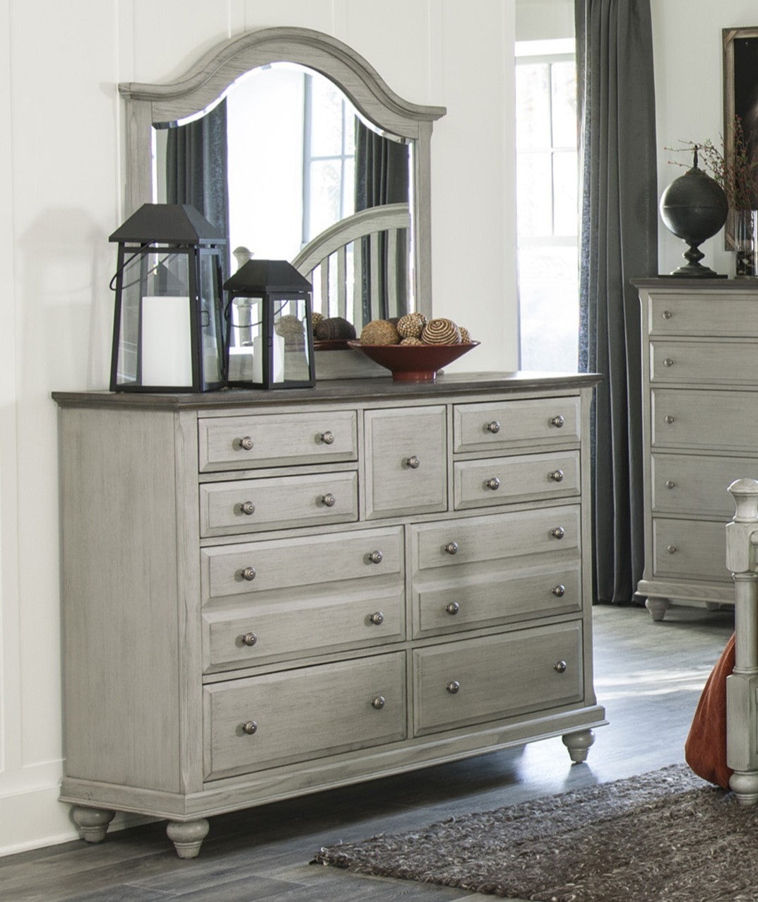 gray and brown dresser Rye 2Pc Dresser And Mirror Set, 6 Drawers W Cabinet, Dark Brown Benjara