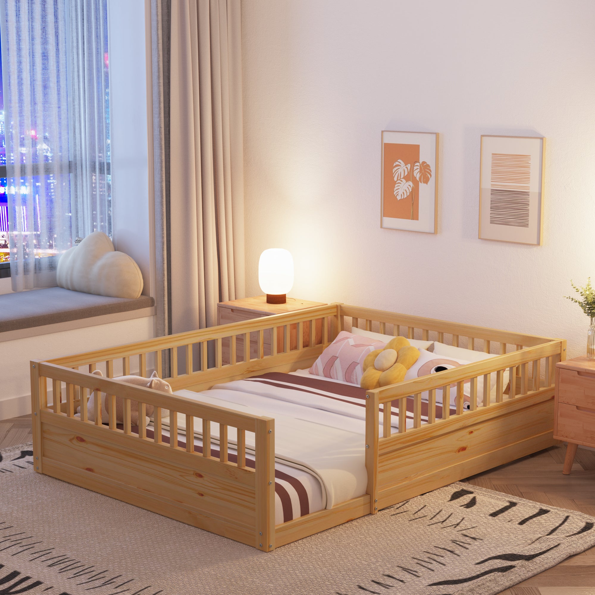 Full Floor Bed Frame With Fence, Wood Kids Floor Beds Frame For Bedroo