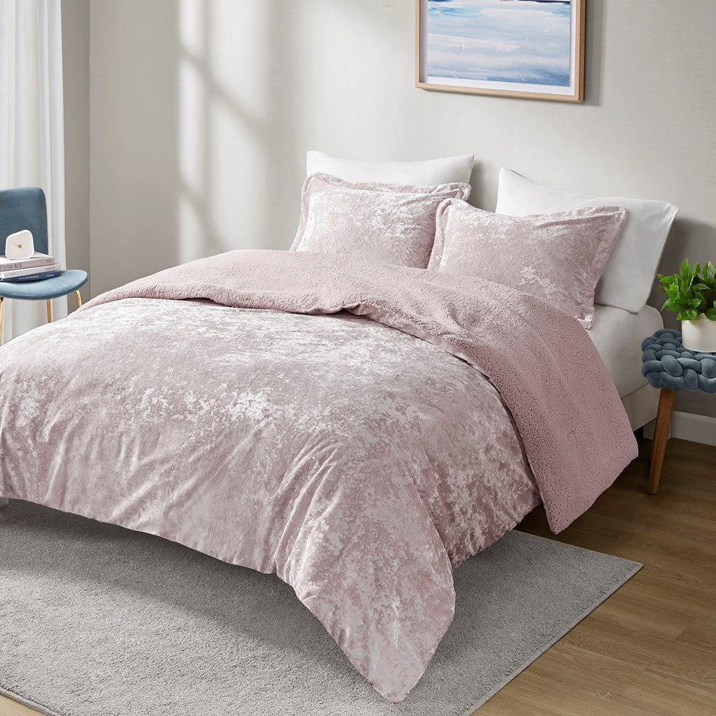 Crushed Velvet Sherpa Reversible Comforter Set Queen Light Purple Poly