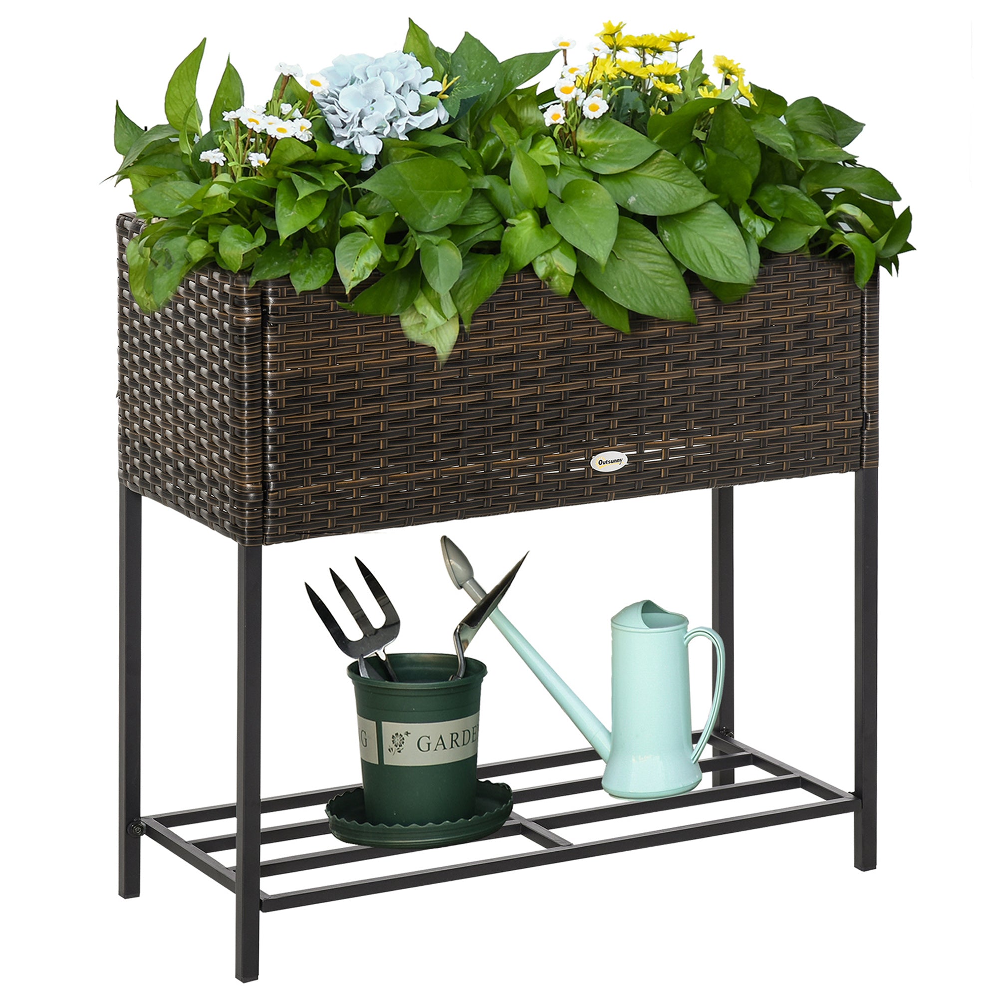indoor standing planter box Outsunny Raised Garden Bed, Elevated Planter Box With Rattan Wicker Lo