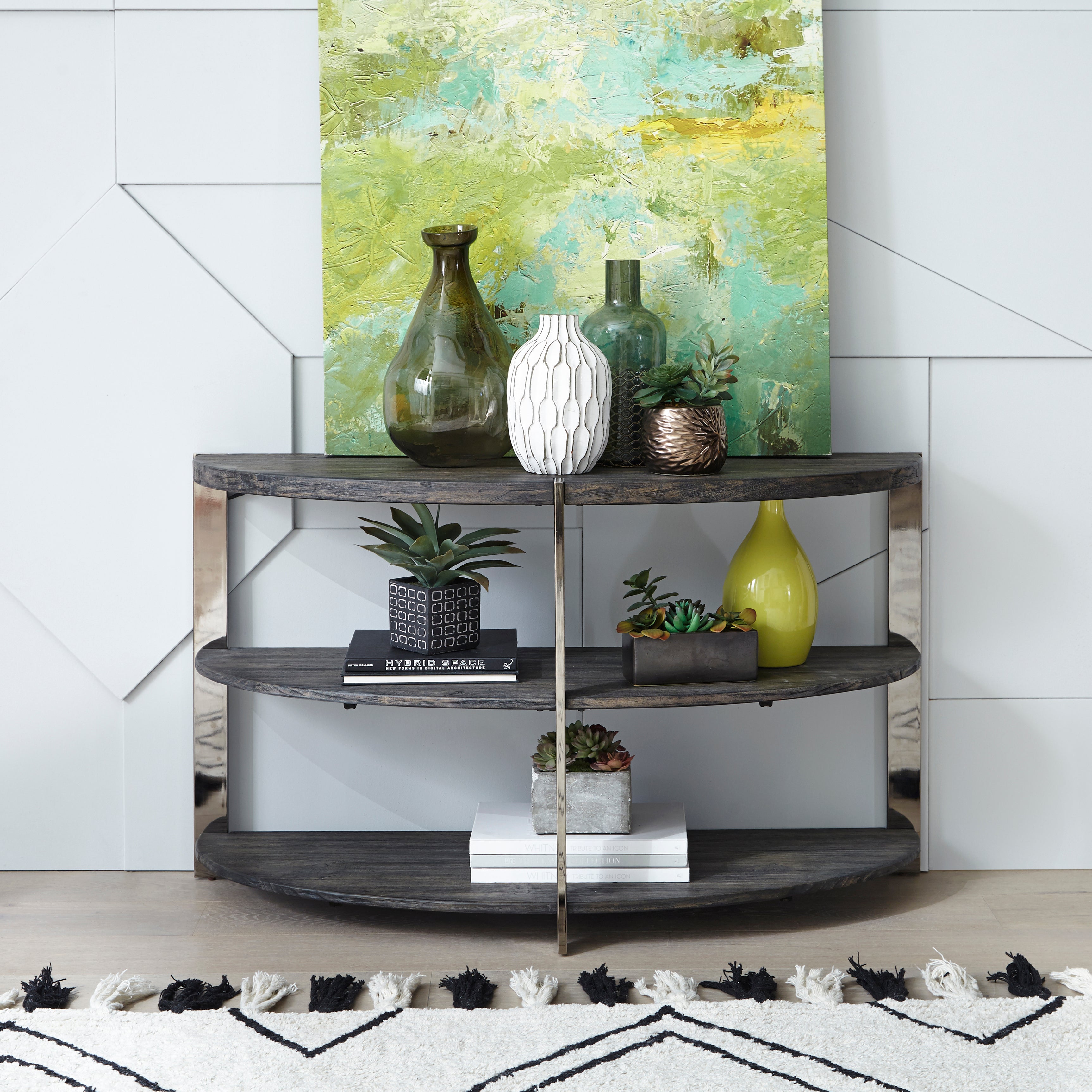 Kalne Console Table Half Moon Shape With 2 Open Shelves Charcoal Grey