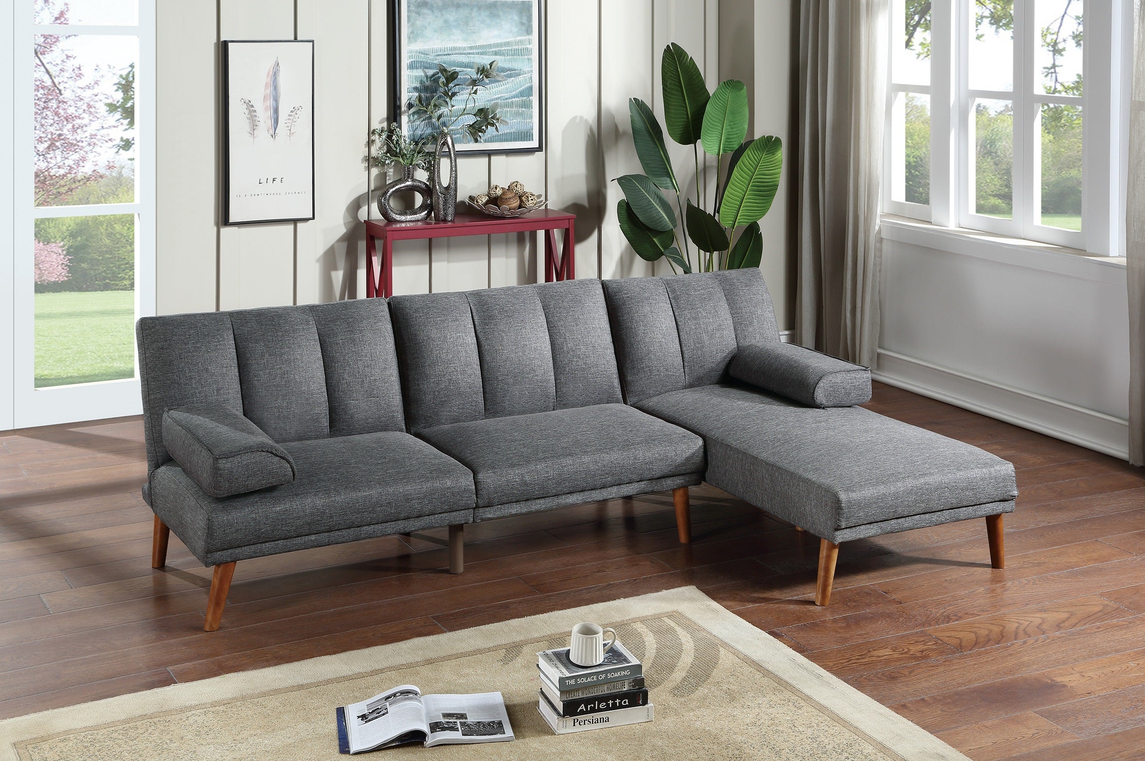 Blue Grey Polyfiber 2Pc Sectional Sofa Set Living Room Furniture Solid