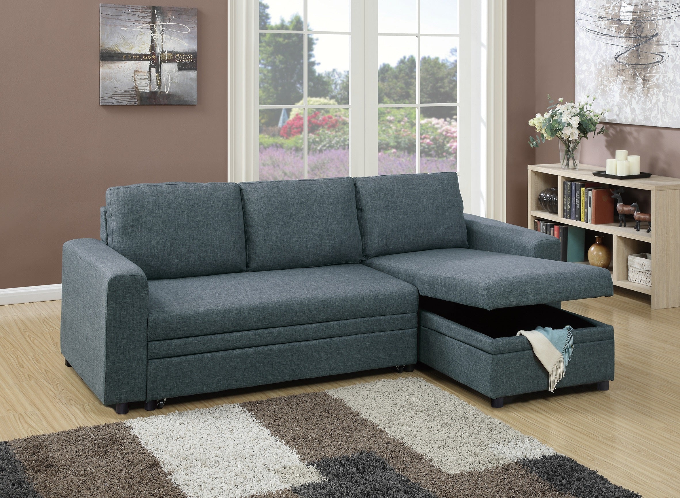 Living Room Furniture Convertible Sectional Blue Grey Color Polyfiber