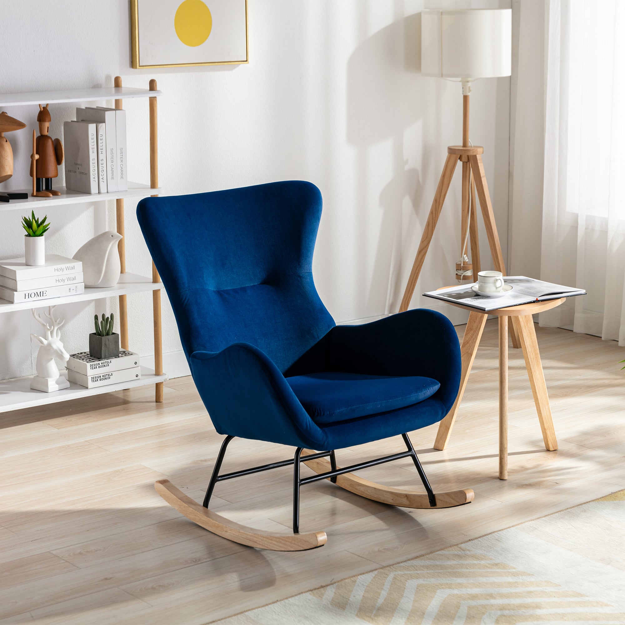 Velvet Fabric Padded Seat Rocking Chair With High Backrest And Armrest