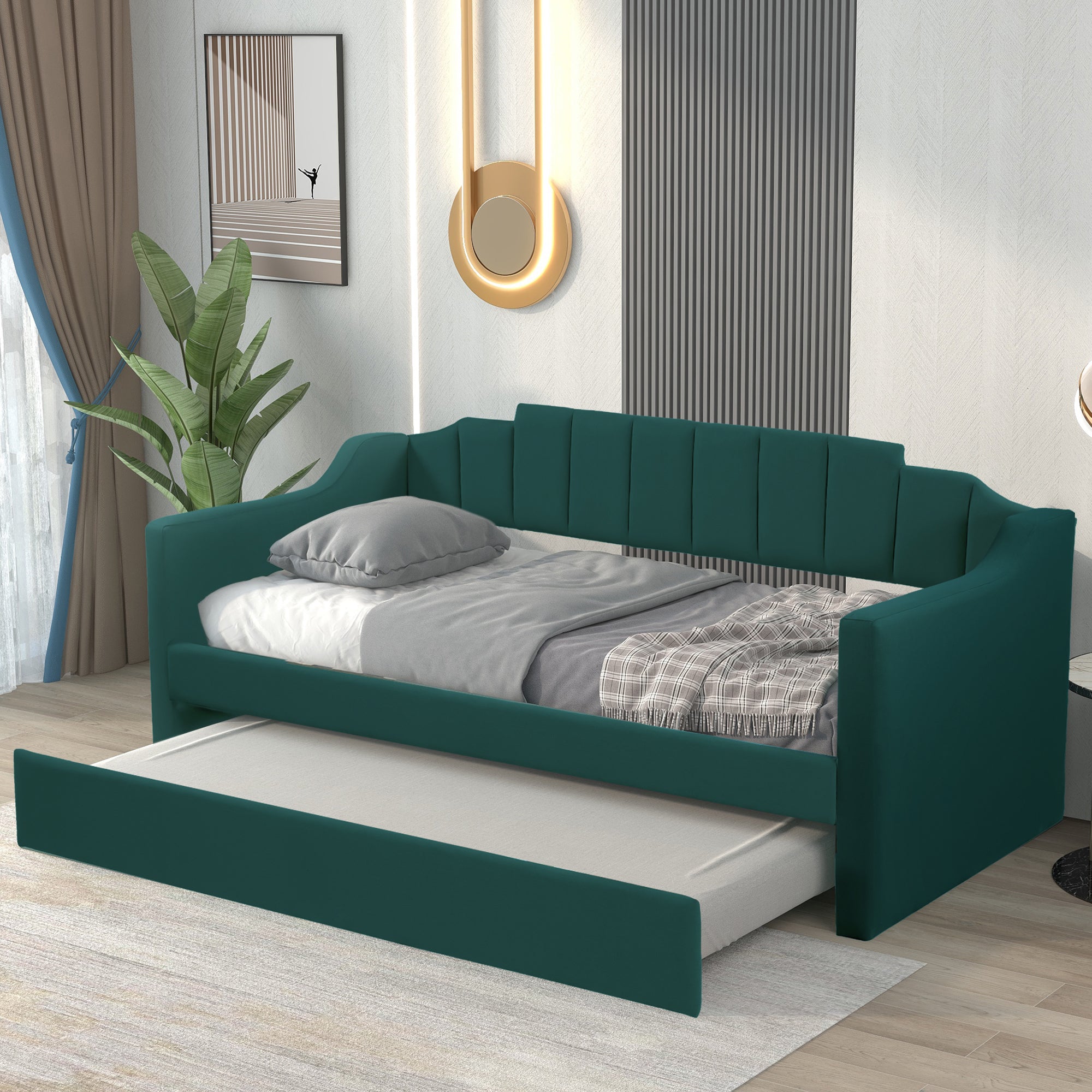 Upholstered Twin Daybed With Trundle,Green Old Sku:Sm000218Aaf Green U