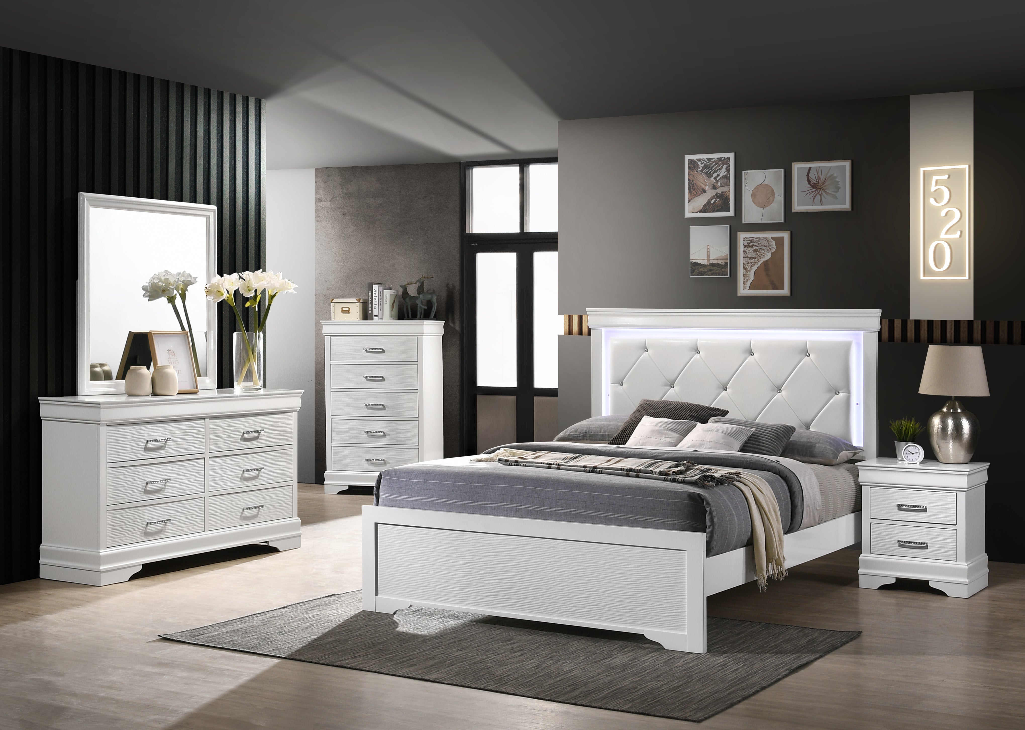 Full 5 Pc Tufted Upholstery Led Bedroom Set Made With Wood In White Bo