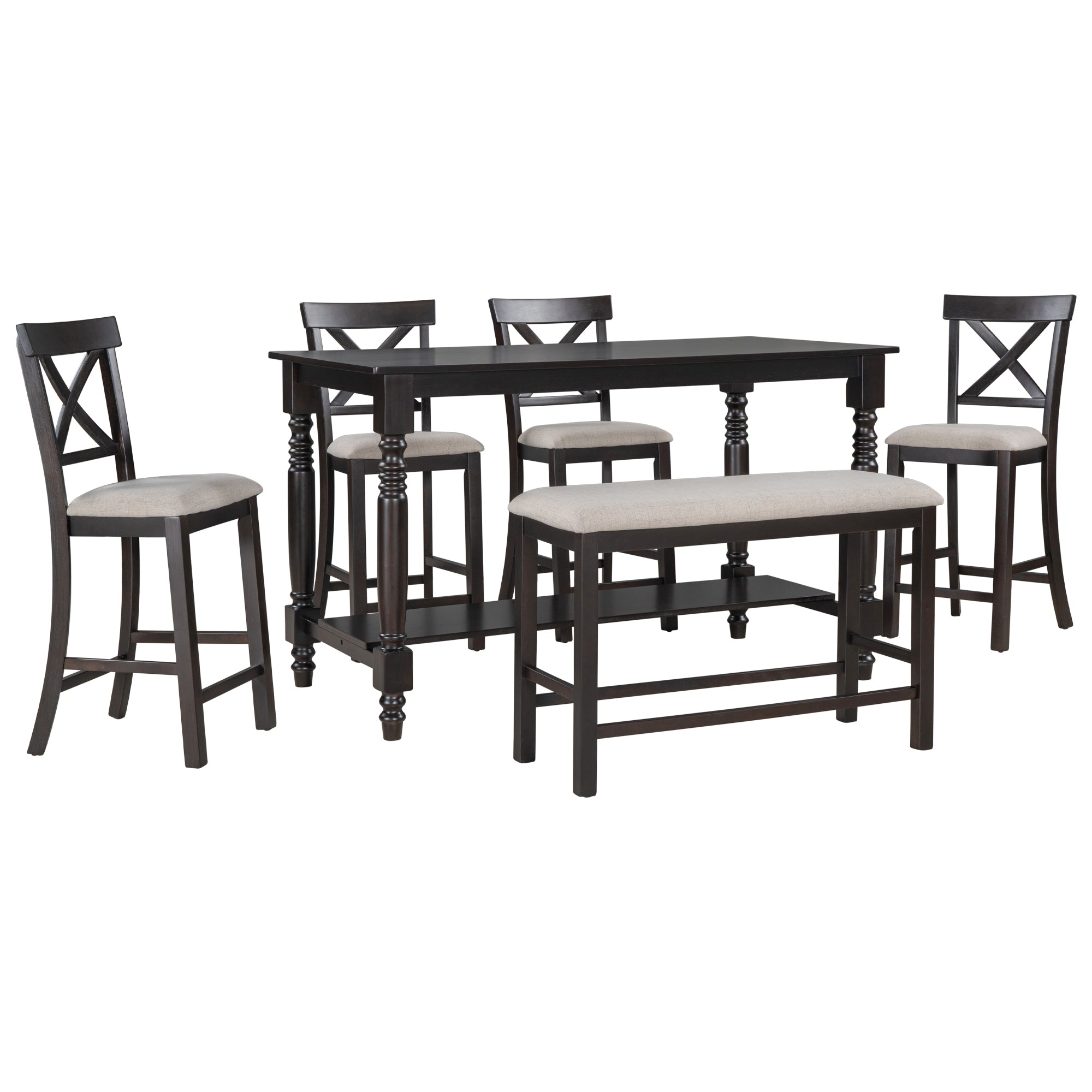 6 Piece Counter Height Dining Table Set Table With Shelf 4 Chairs And