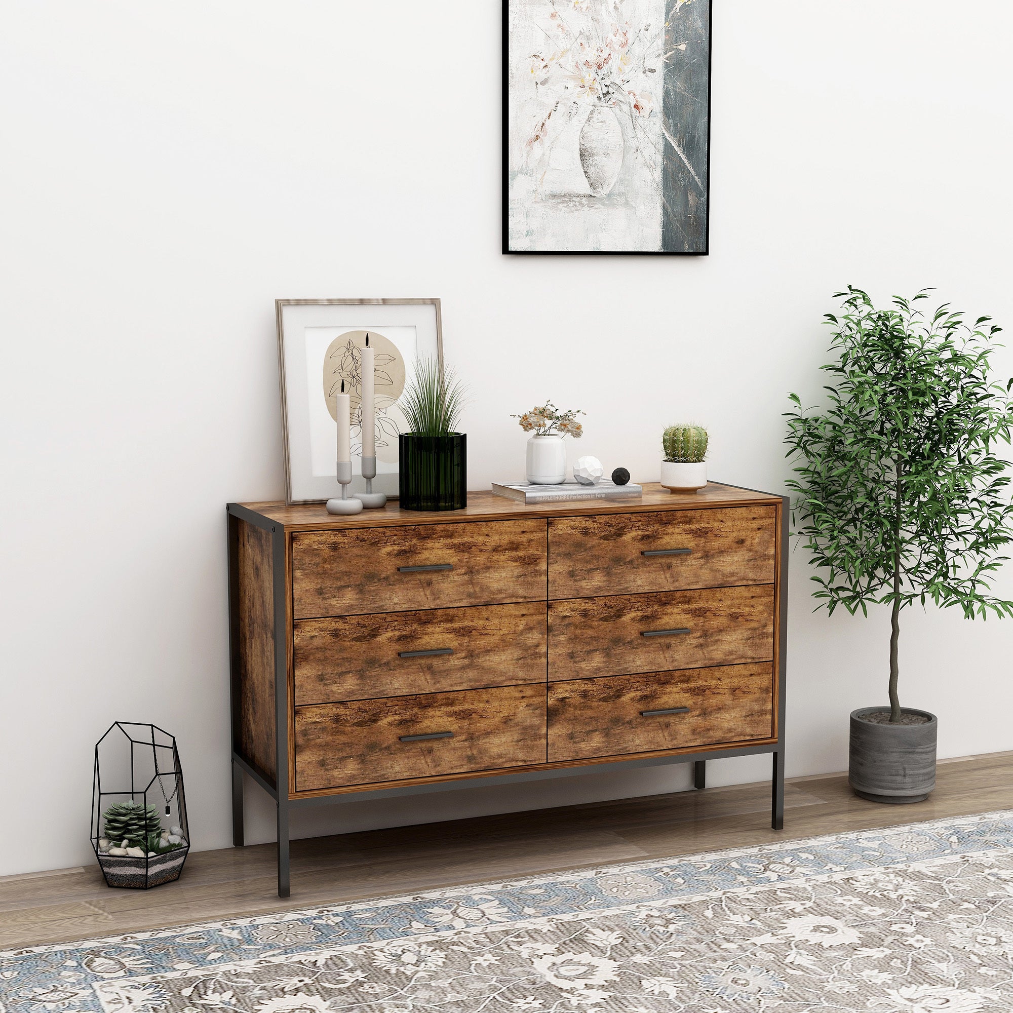 Industrial Style 6 Drawer Double Dresser,Rustic Brown Wood Storage Dre Industrial Style 6 Drawer Double Dresser,Rustic Brown Wood Storage Dre
