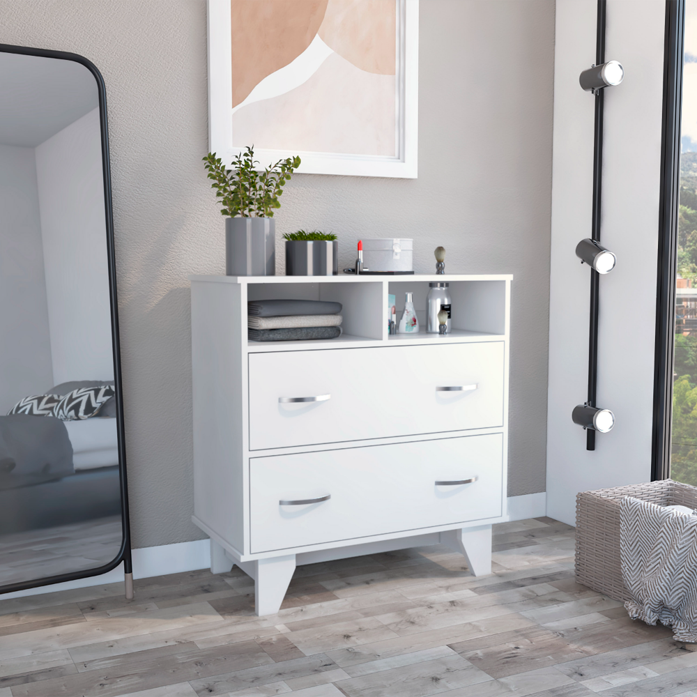 Portanova Two Drawer Dresser, Two Open Shelves, Superior Top, Four Legs White White Drawer 2 Drawers Bedroom Shelf Modern Particle Board Particle ... Portanova Two Drawer Dresser, Two Open Shelves, Superior Top, Four Legs White White Drawer 2 Drawers Bedroom Shelf Modern Particle Board Particle ...