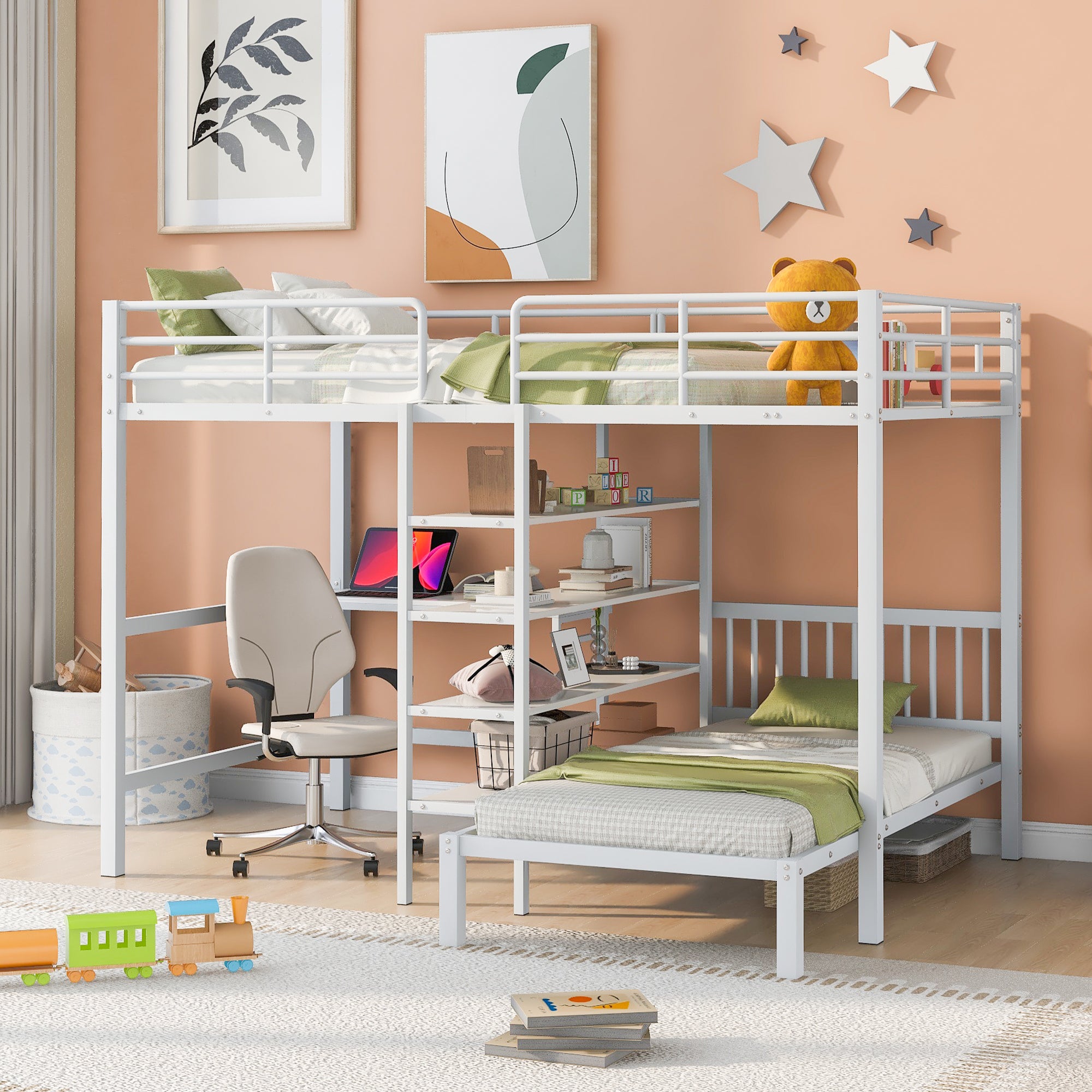 Full Over Twin Metal Bunk Bed With Built In Desk, Shelves And Ladder,