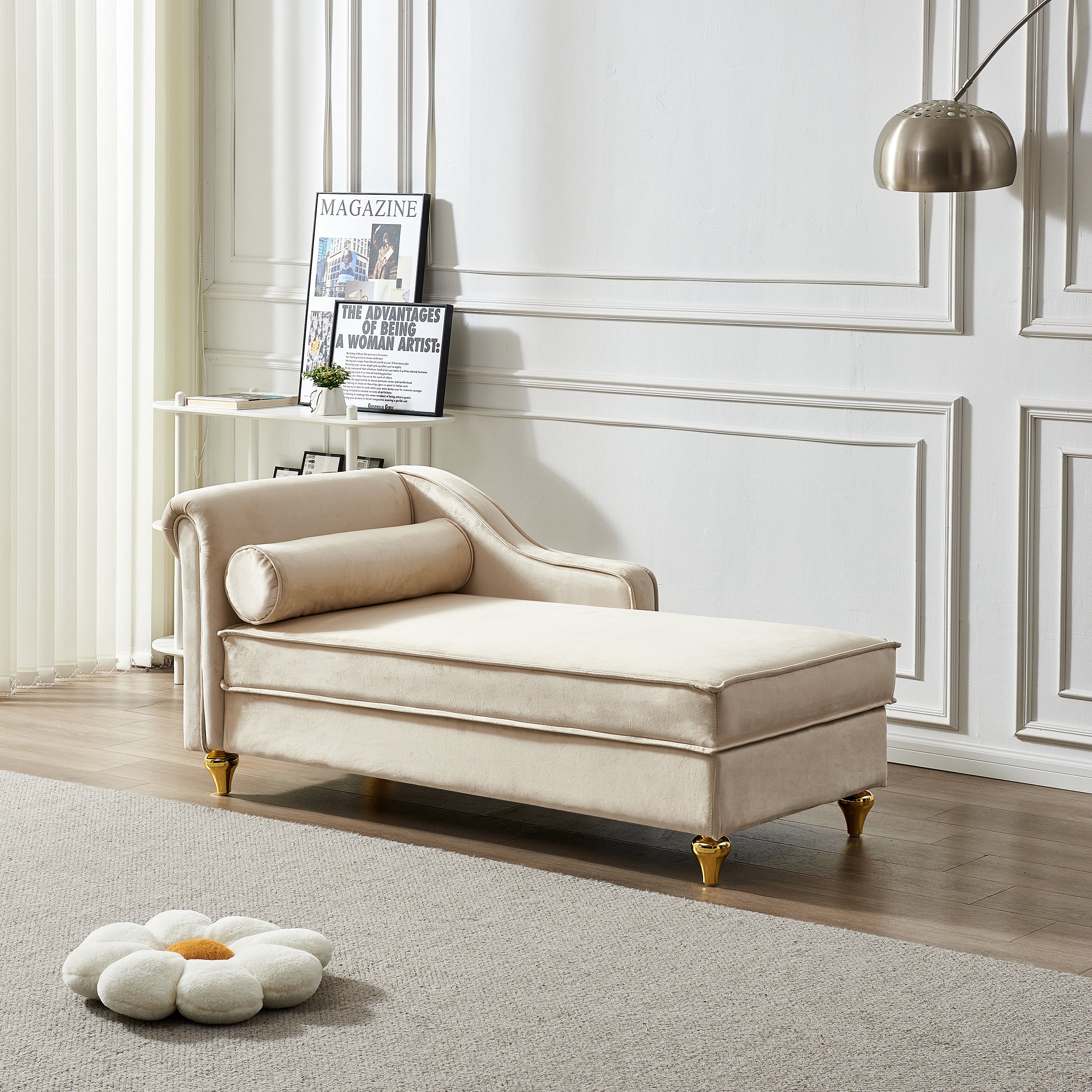 Modern Upholstery Chaise Lounge Chair With Storage Velvet Beige Beige