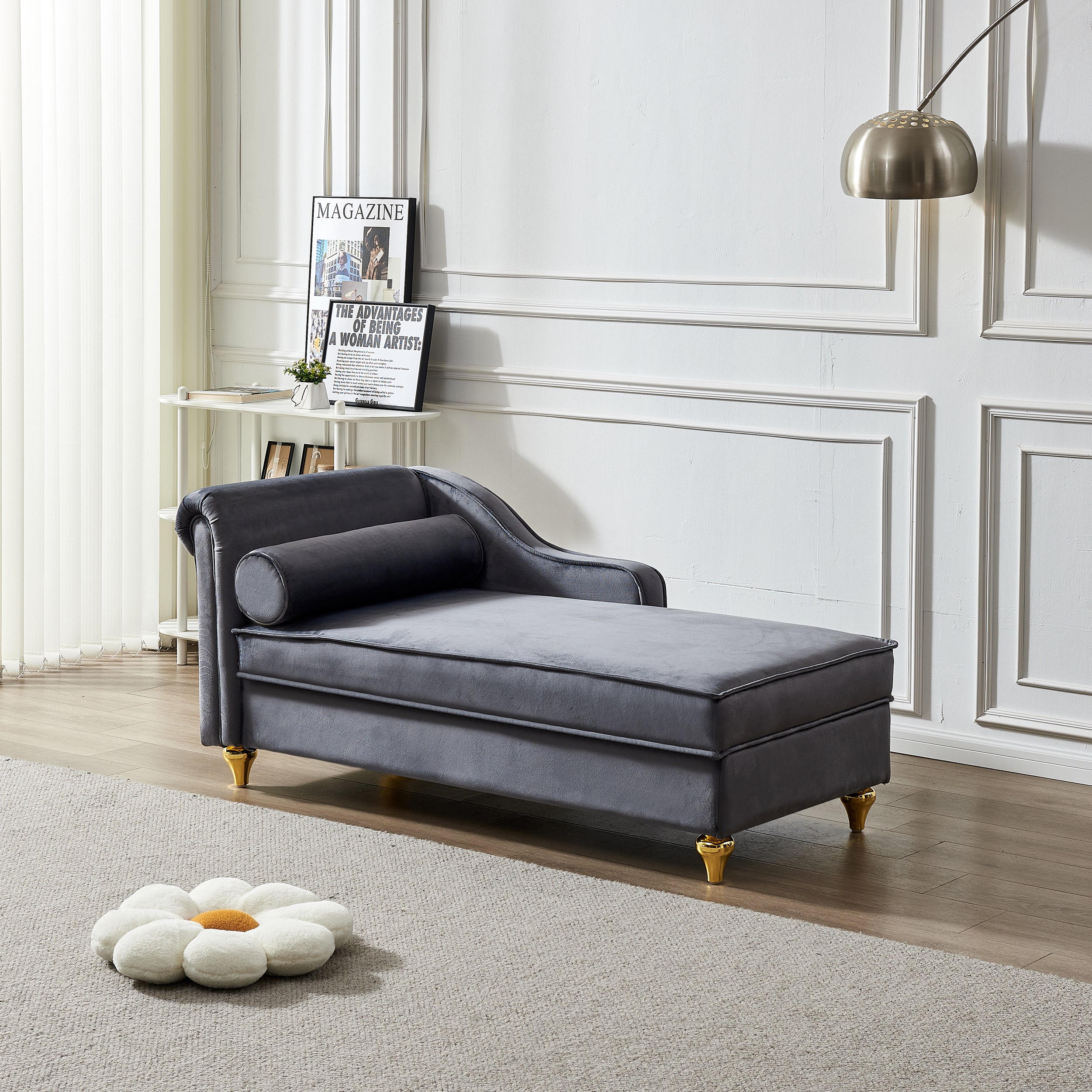 Modern Upholstery Chaise Lounge Chair With Storage Velvet Grey Grey Fo