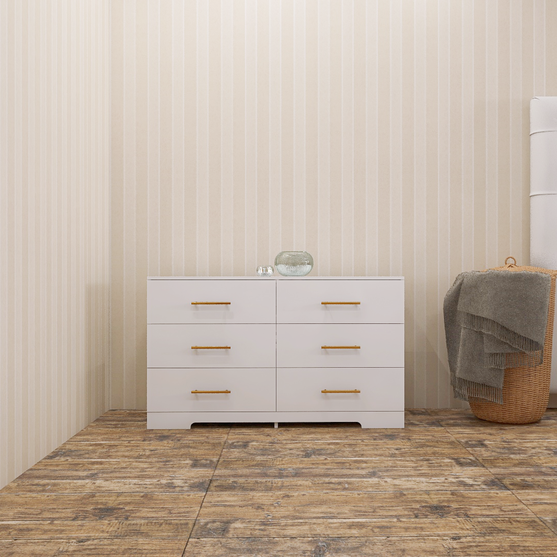 White Color Large 6 Drawers Chest Of Drawer Dressers Table With Golden Handle White 5 Drawers & Above Bedroom Extra Deep Drawers American Design,