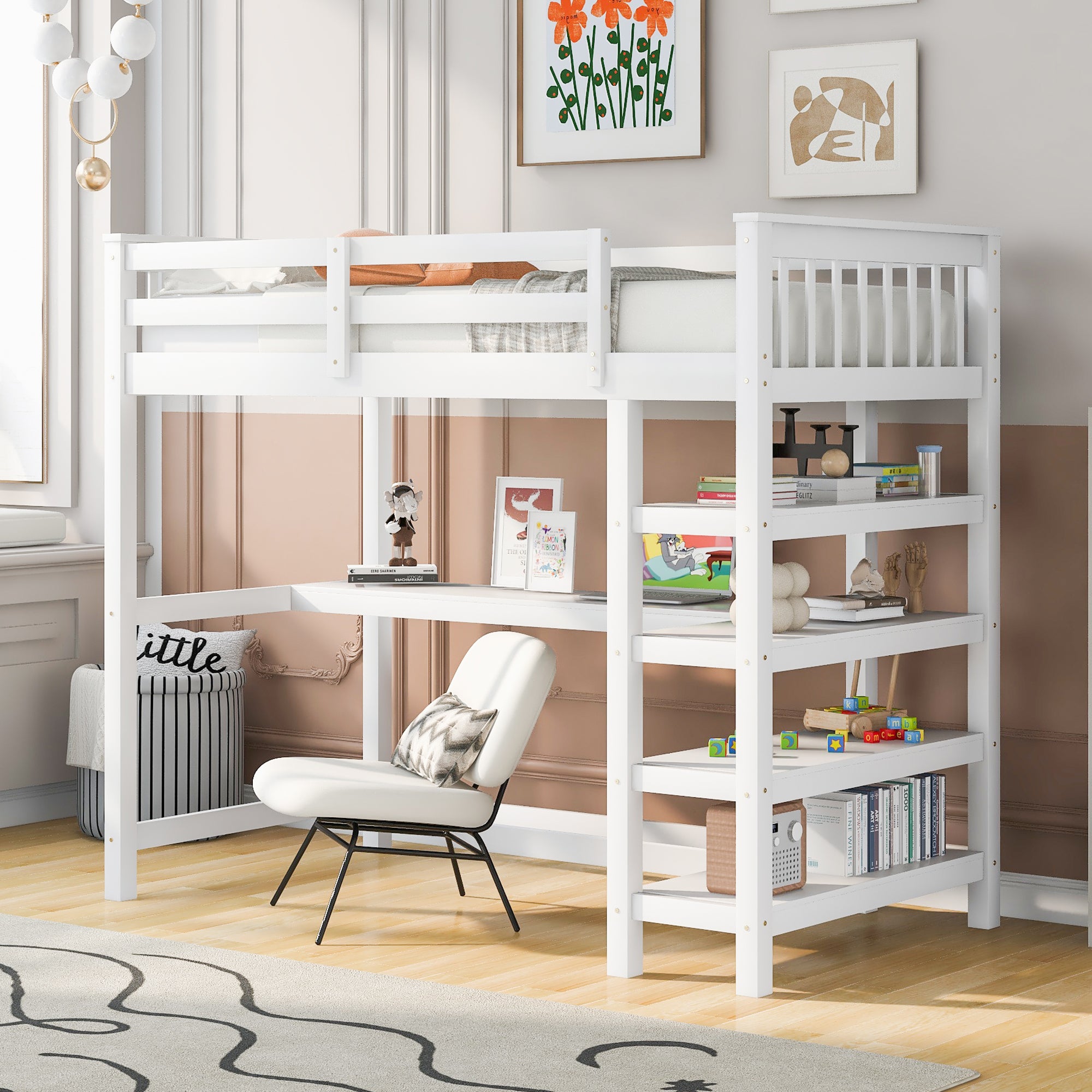 Twin Size Loft Bed With Storage Shelves And Under Bed Desk, White White Pine Twin Size Loft Bed With Storage Shelves And Under Bed Desk, White White Pine