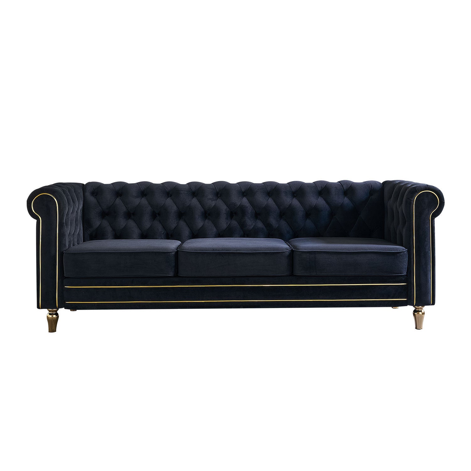 Chesterfield Velvet Sofa 84.65 Inch For Living Room Black Color Black