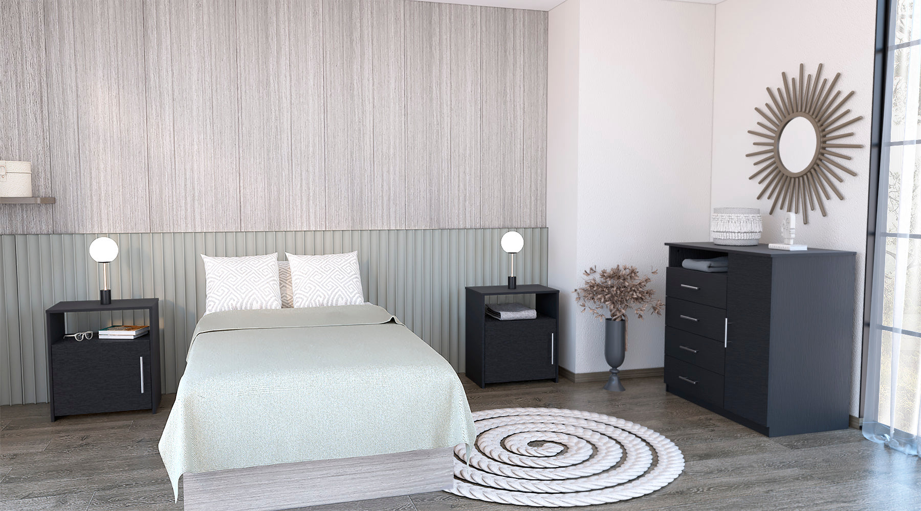 white christmas dresses 3 Piece Bedroom Set, Rioja 4 Drawer Dresser 2 Omaha Nightstands, Black