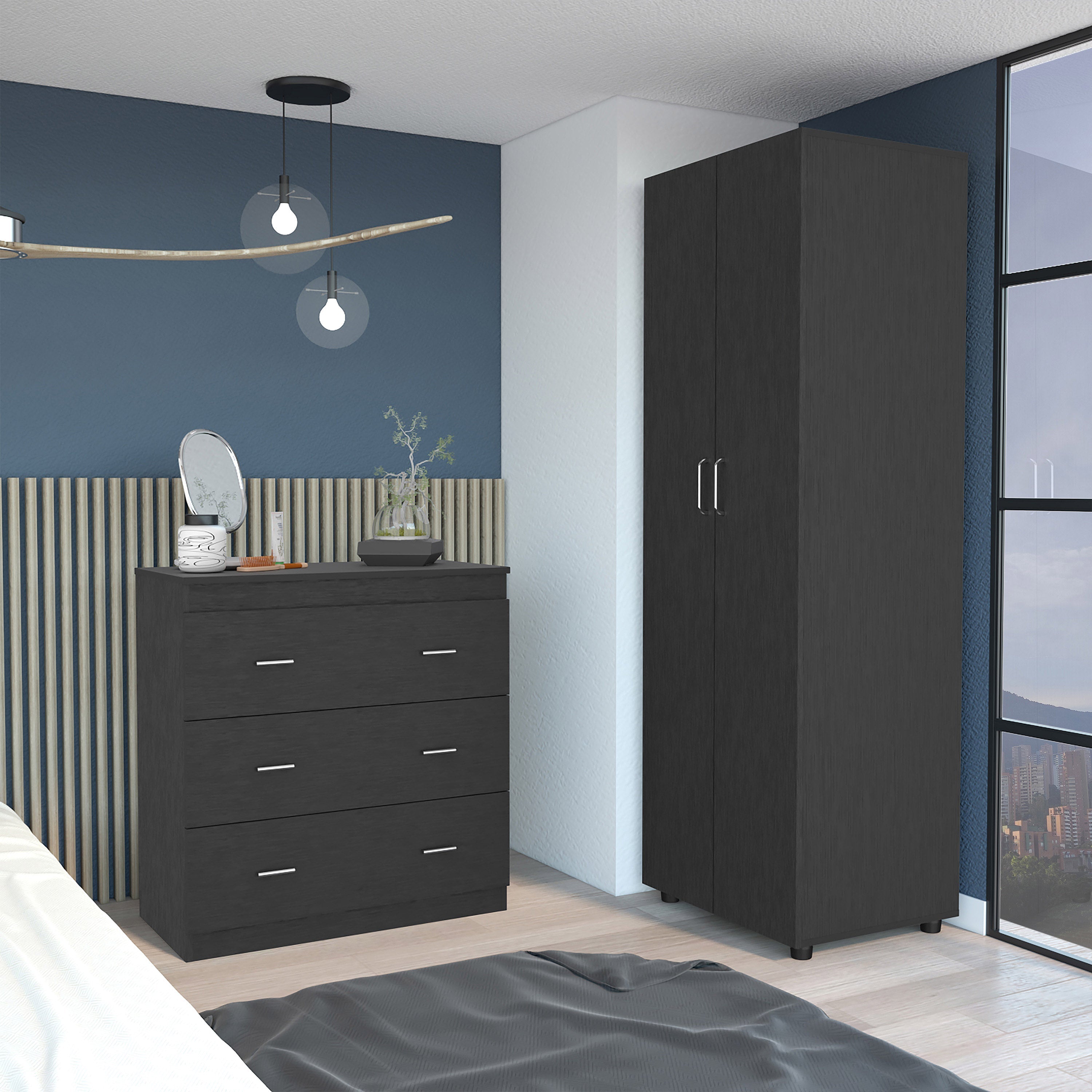 2 Piece Bedroom Set, London Armoire Capri Three Drawer Dresser, Black