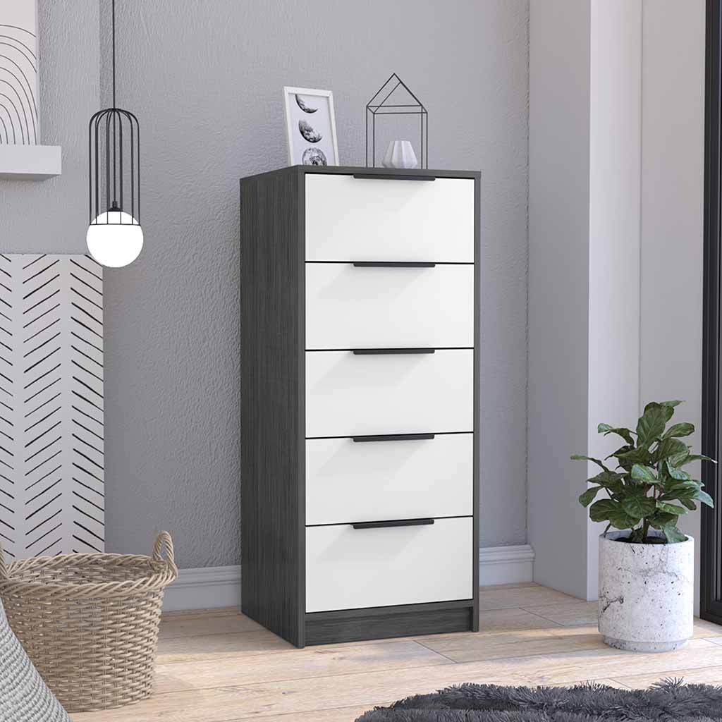 5 Drawers Dresser Maryland, Metal Handle, Smokey Oak White Finish Mult