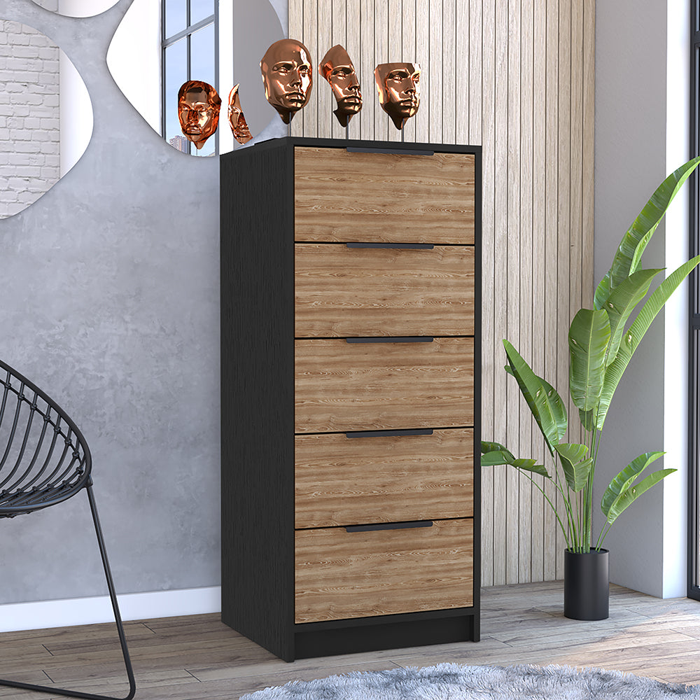 wood and black metal dresser 5 Drawers Dresser Maryland, Metal Handle, Black Wengue Pine Finish Multicolor Particle Board