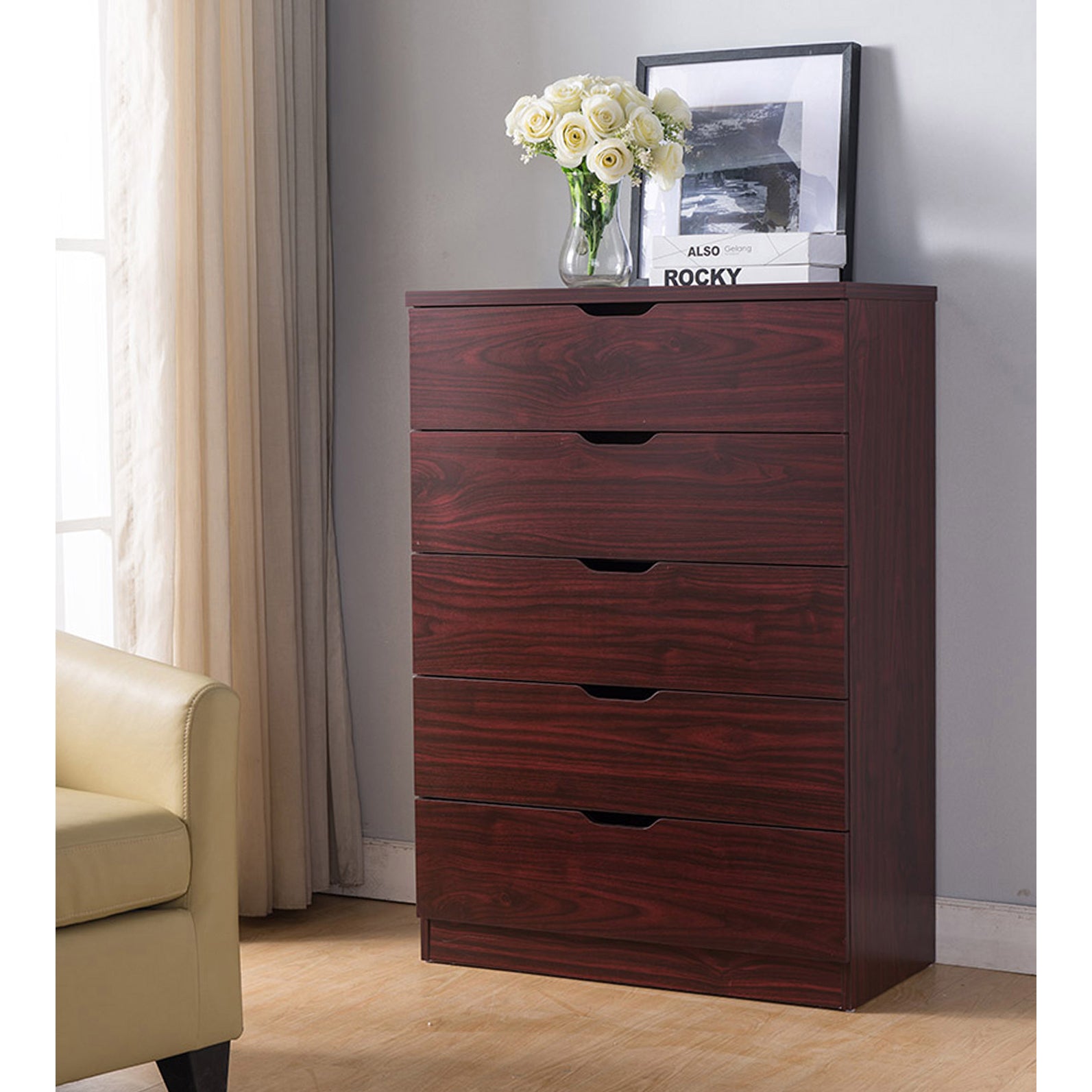 5 Drawer Bedroom Dresser, Home Chest Cabinet With Cut Out Handles, Mahogany  Mahogany Particle Board