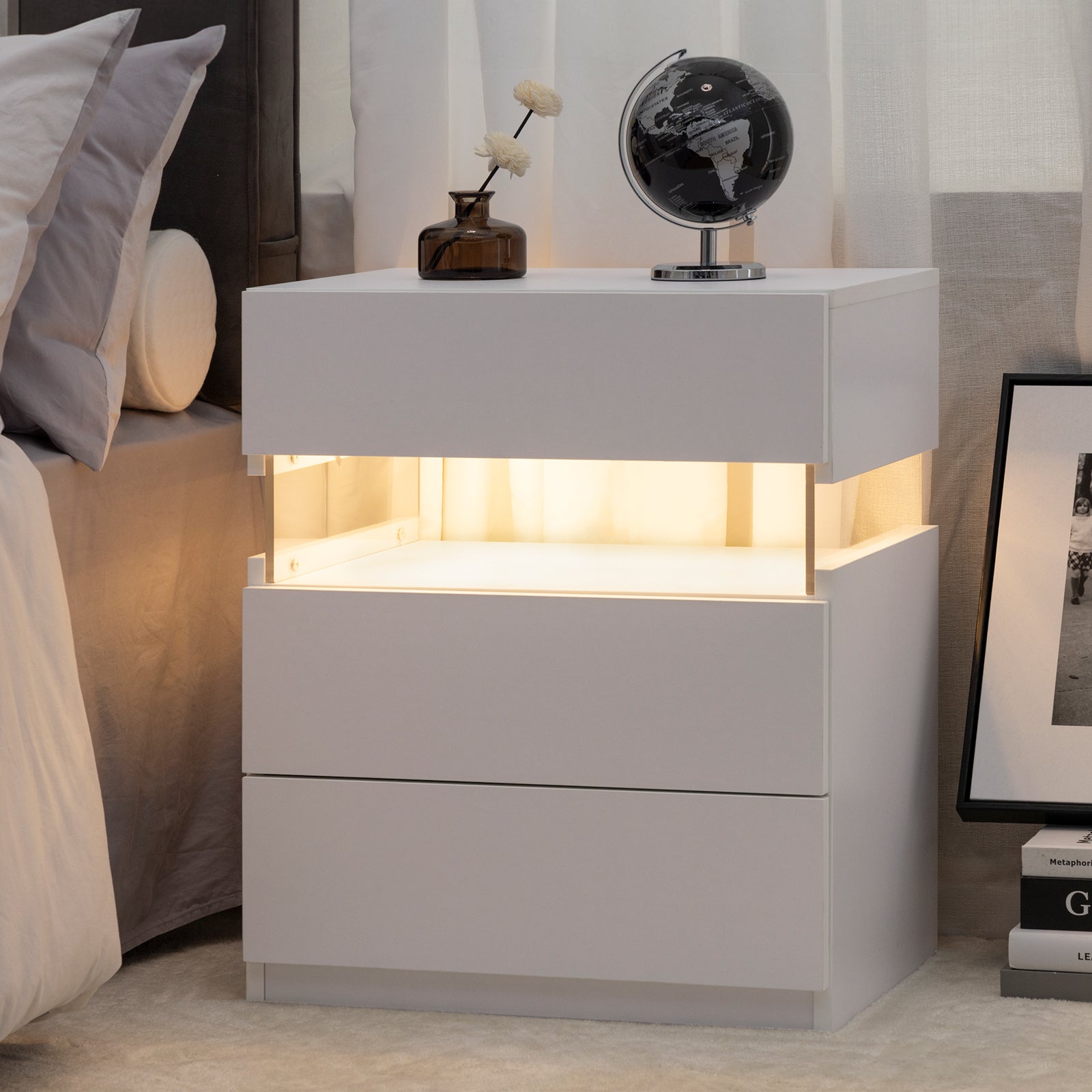 bedside table dresser Led Nightstands 3 Drawer Dresser For Bedroom End Table With Acrylic Board Led Bedside Tables For Bedroom Living Room Bedside Furniture White White