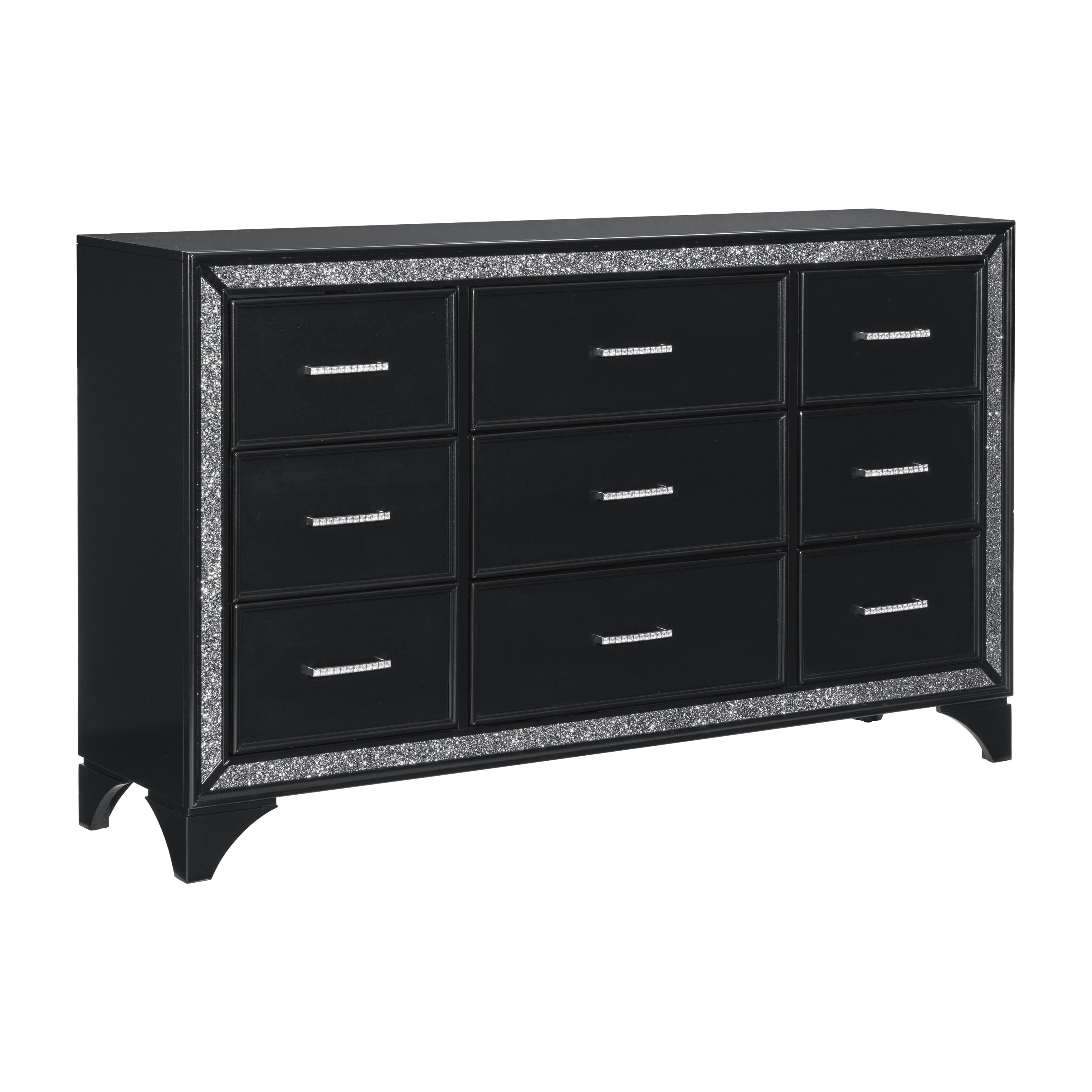 Pearl Black Metallic Finish Dresser 1Pc 9 Drawers Silver Glitter Trim  Modern Bedroom Furniture Black Bedroom Contemporary,Glam,Modern Wood