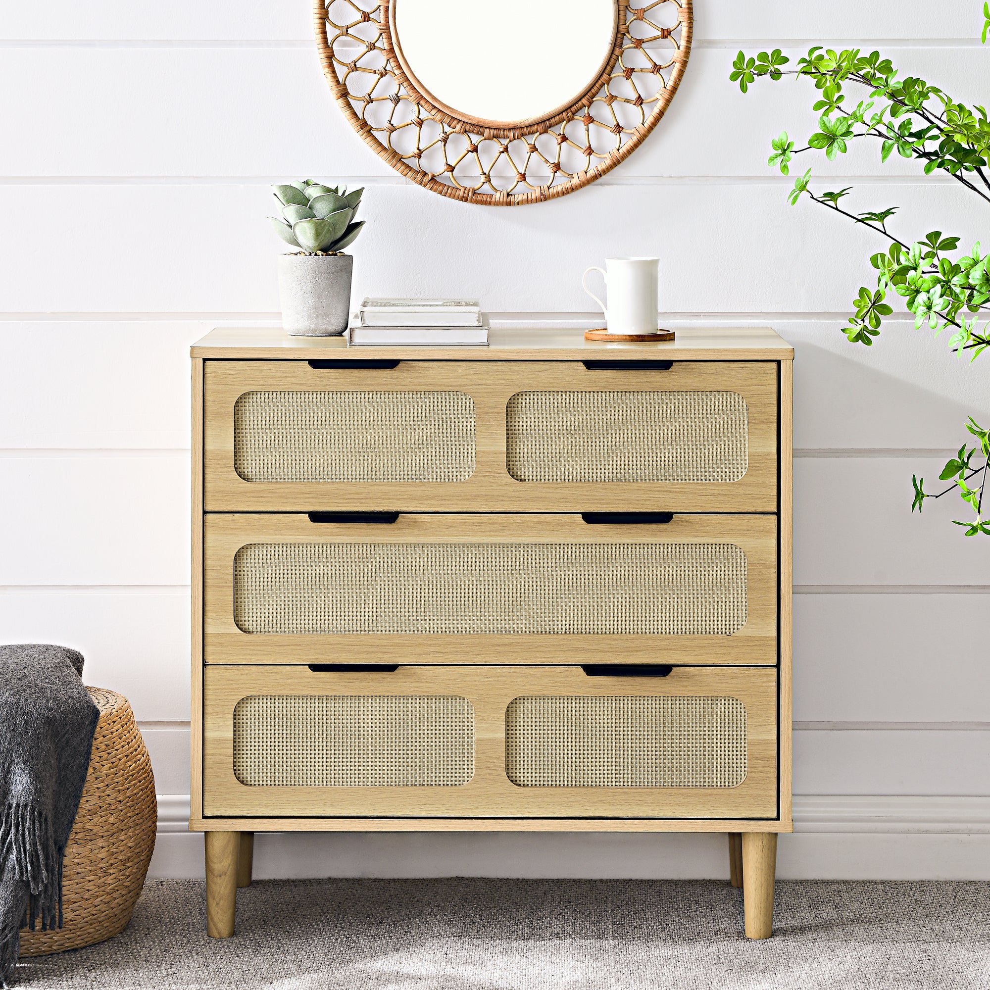 natural wood dresser modern 3 Drawer Dresser, Modern Rattan Dresser Cabinet With Wide Drawers And