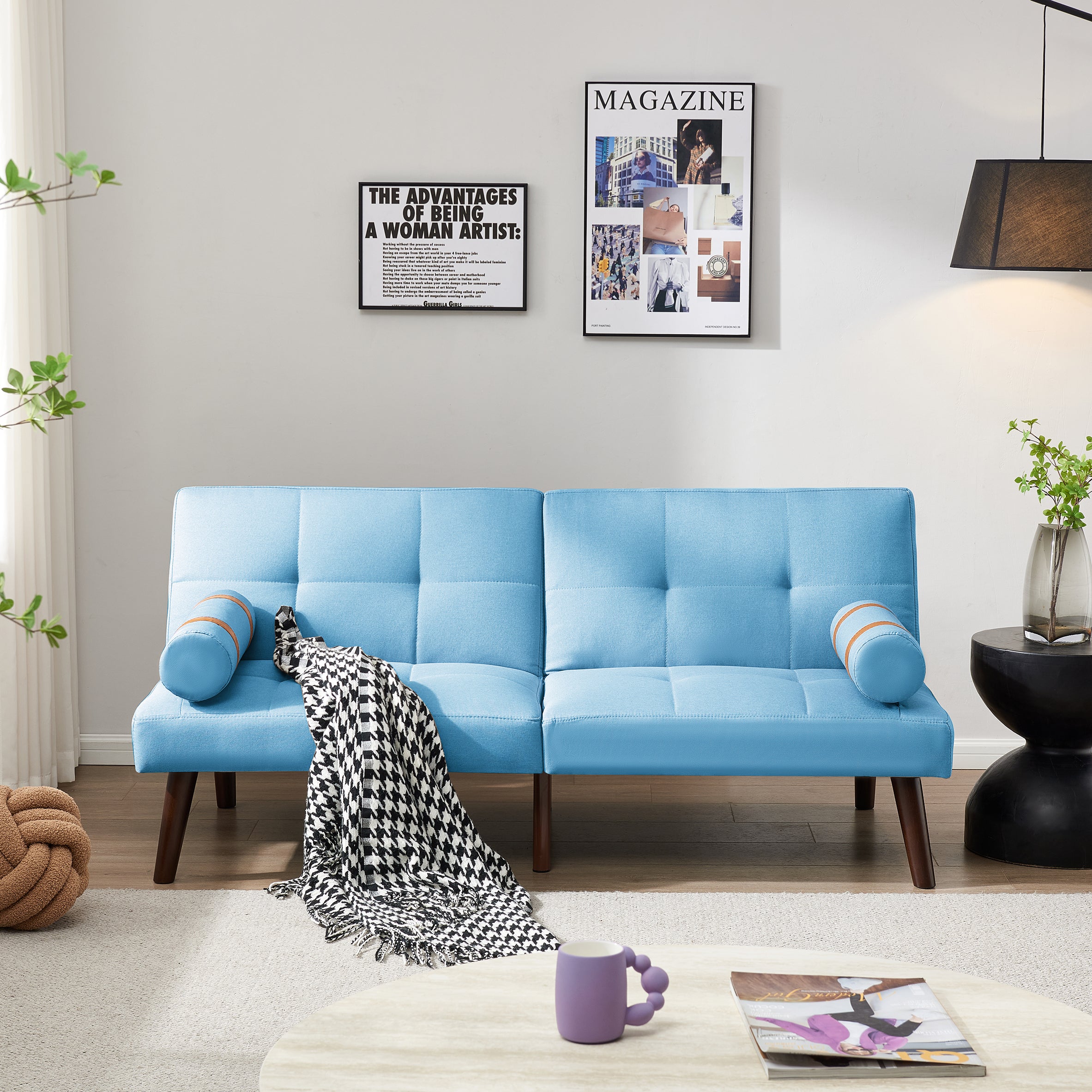 Convertible Sofa Bed Futon With Solid Wood Legs Linen Fabric Blue Blue