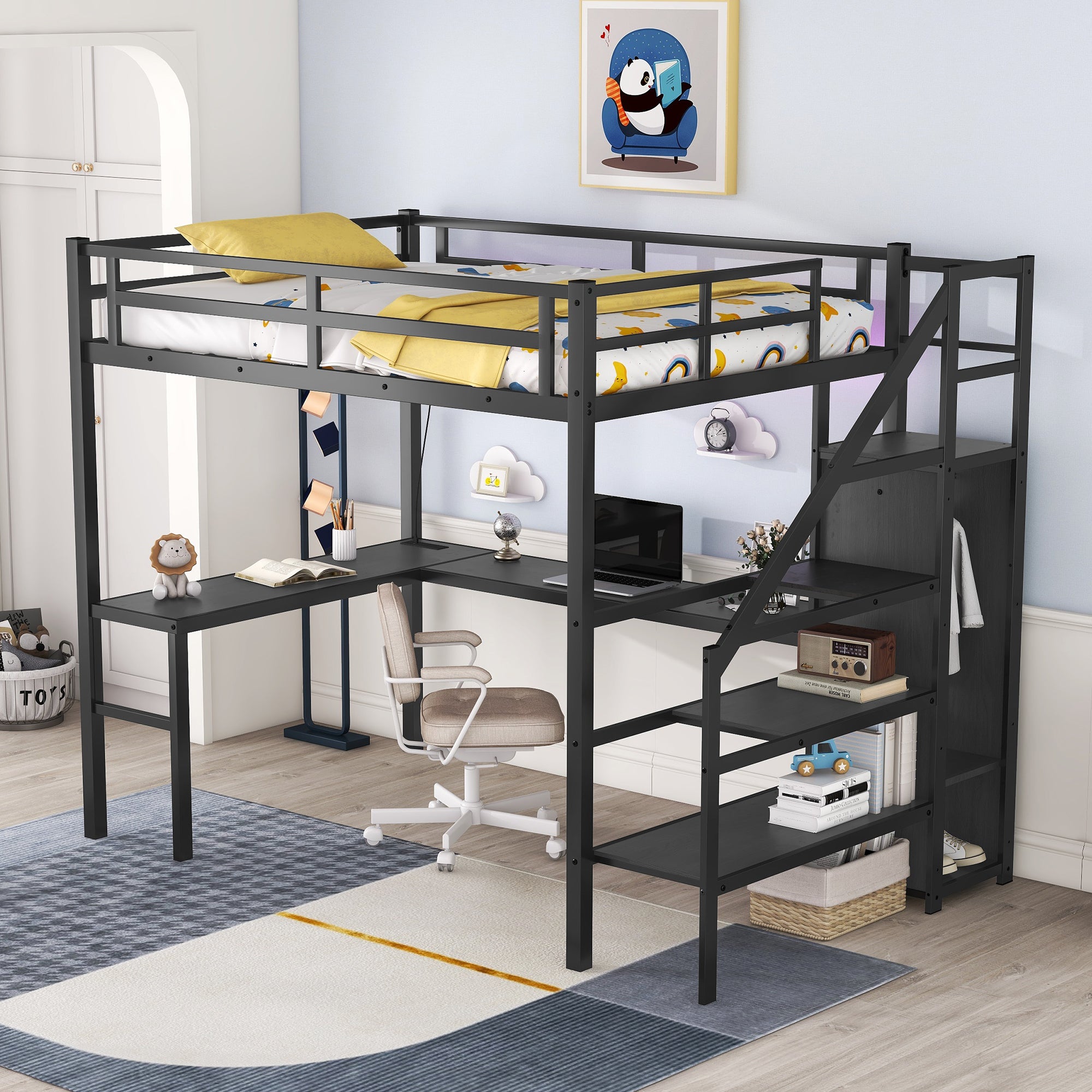Full Size Loft Bed With L Shaped Desk And Usb, Metal Loft Bed With War