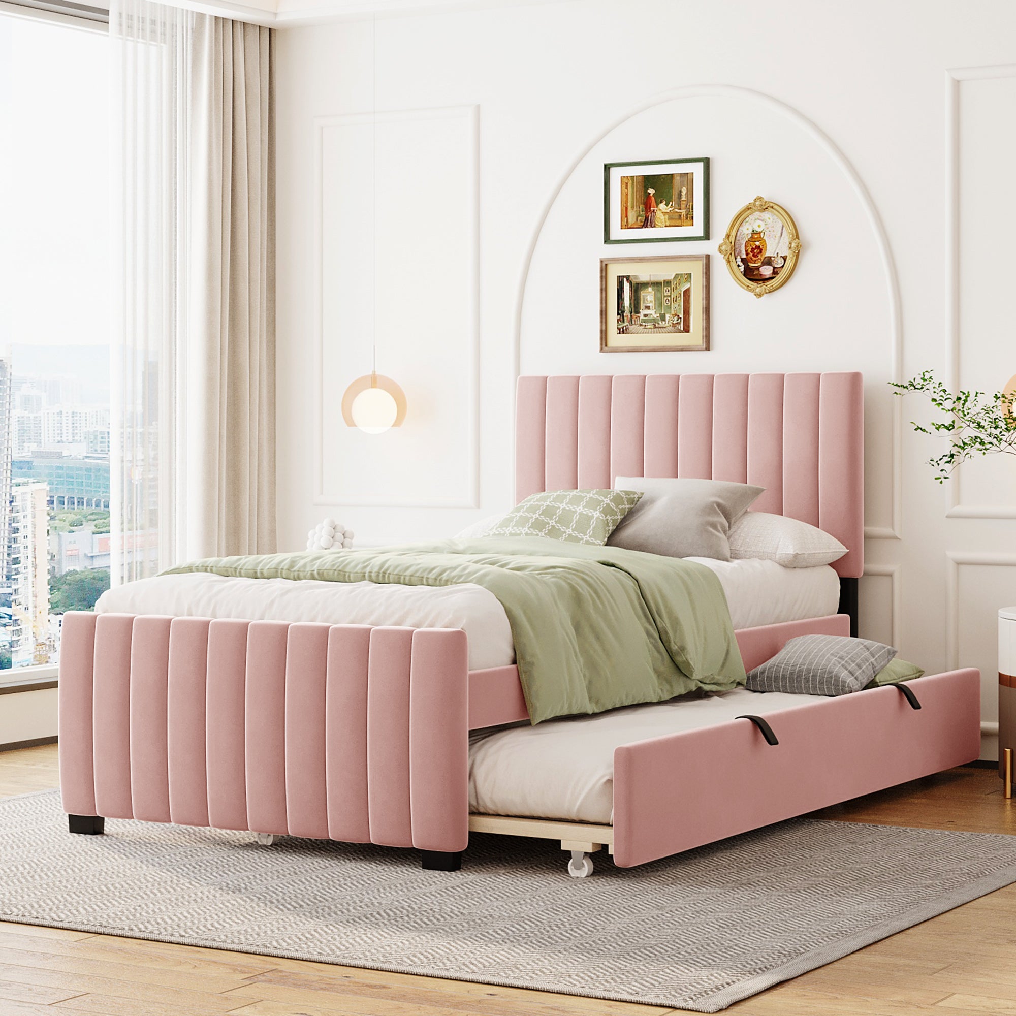 VELVET DREAMS ベルベットドリームス サイズL タッパー ベスト Twin Size Velvet Upholstered Platform Bed With Twin Size Trundle, Pink