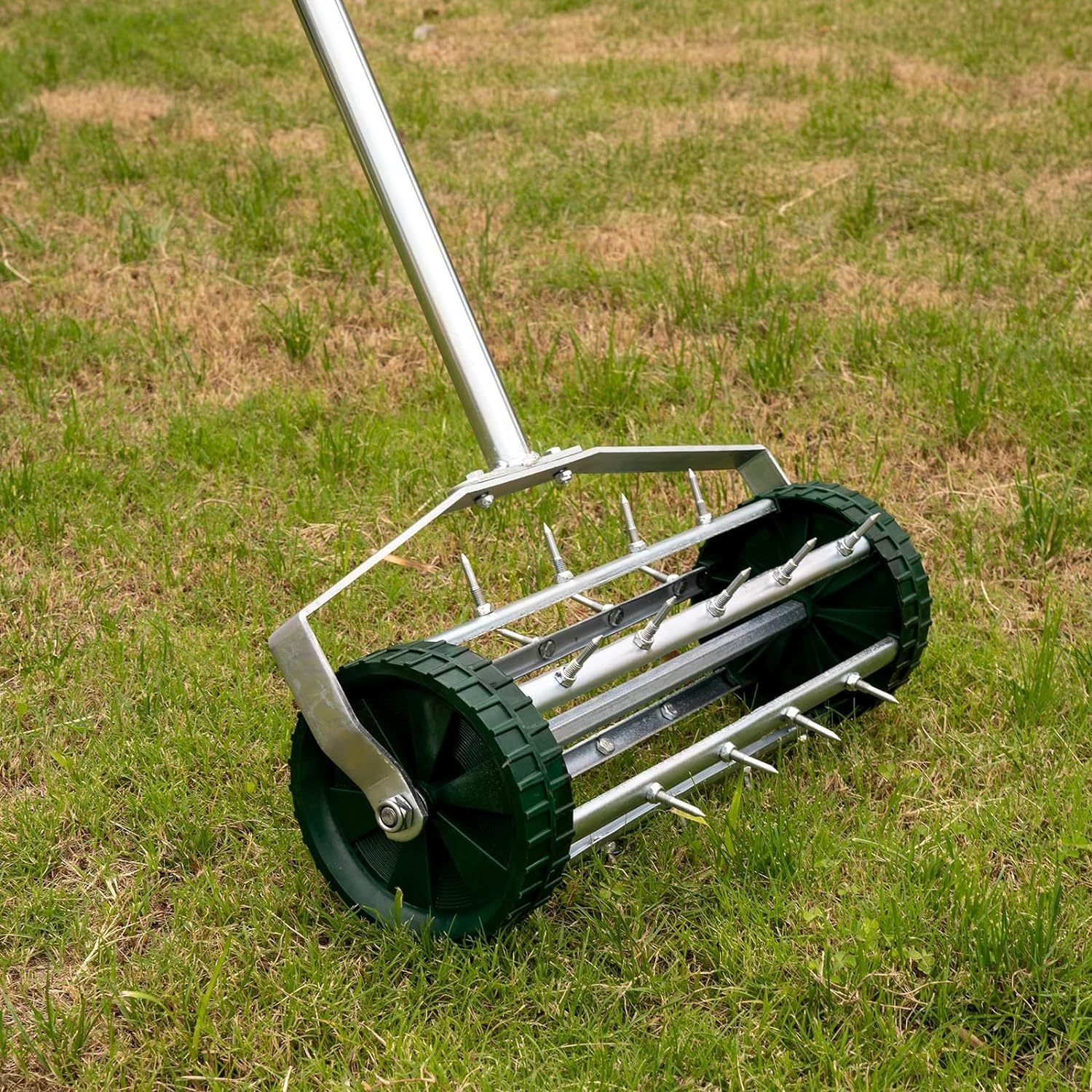 Green Rolling Lawn Aerator - Heavy Duty Steel Handle & Drum (Gymax GT2980)