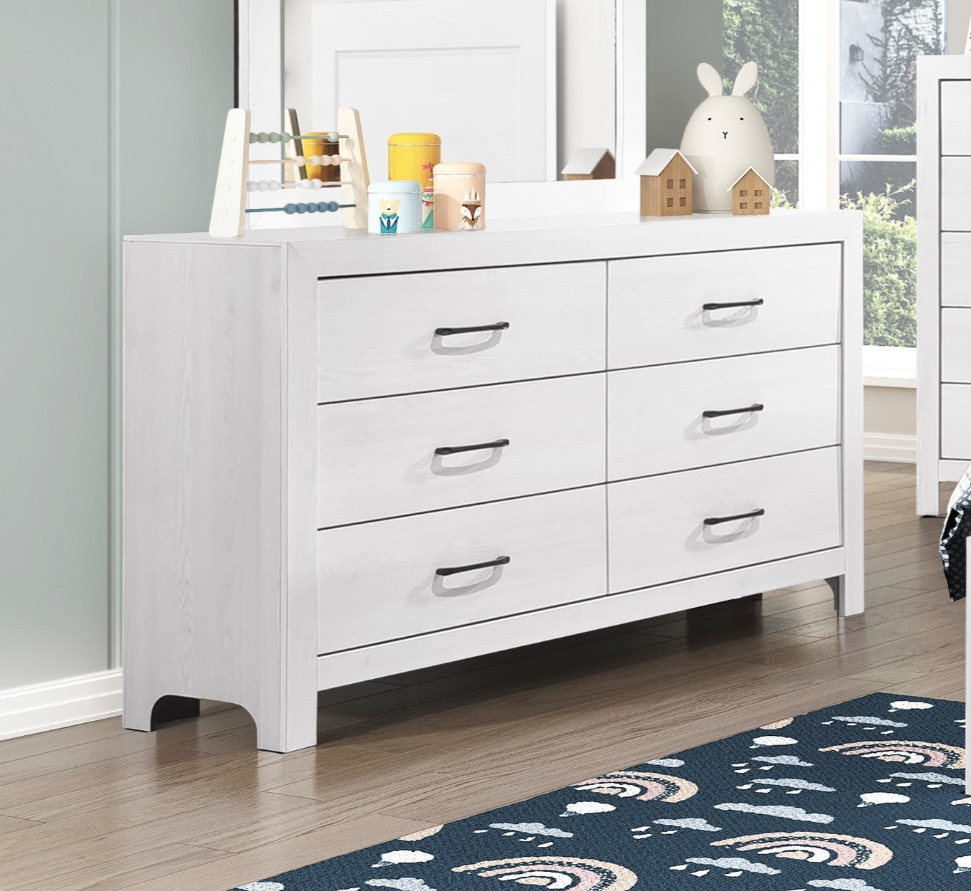Modern White Finish 1Pc Dresser Of 6X Drawers Black Hardware Wooden Be