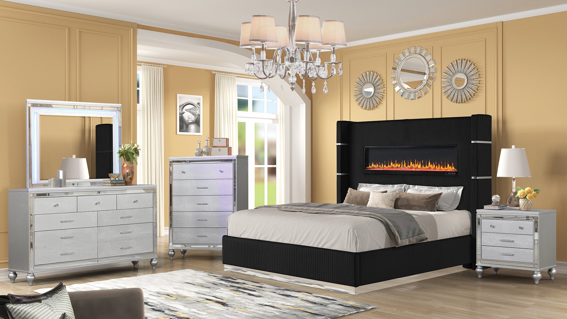 Upholstery Wooden King 5 Pc Bedroom Set With Ambient Lighting In Black  Velvet Finish Box Spring Required King Black Wood 5 Piece Set Bedroom Bed  