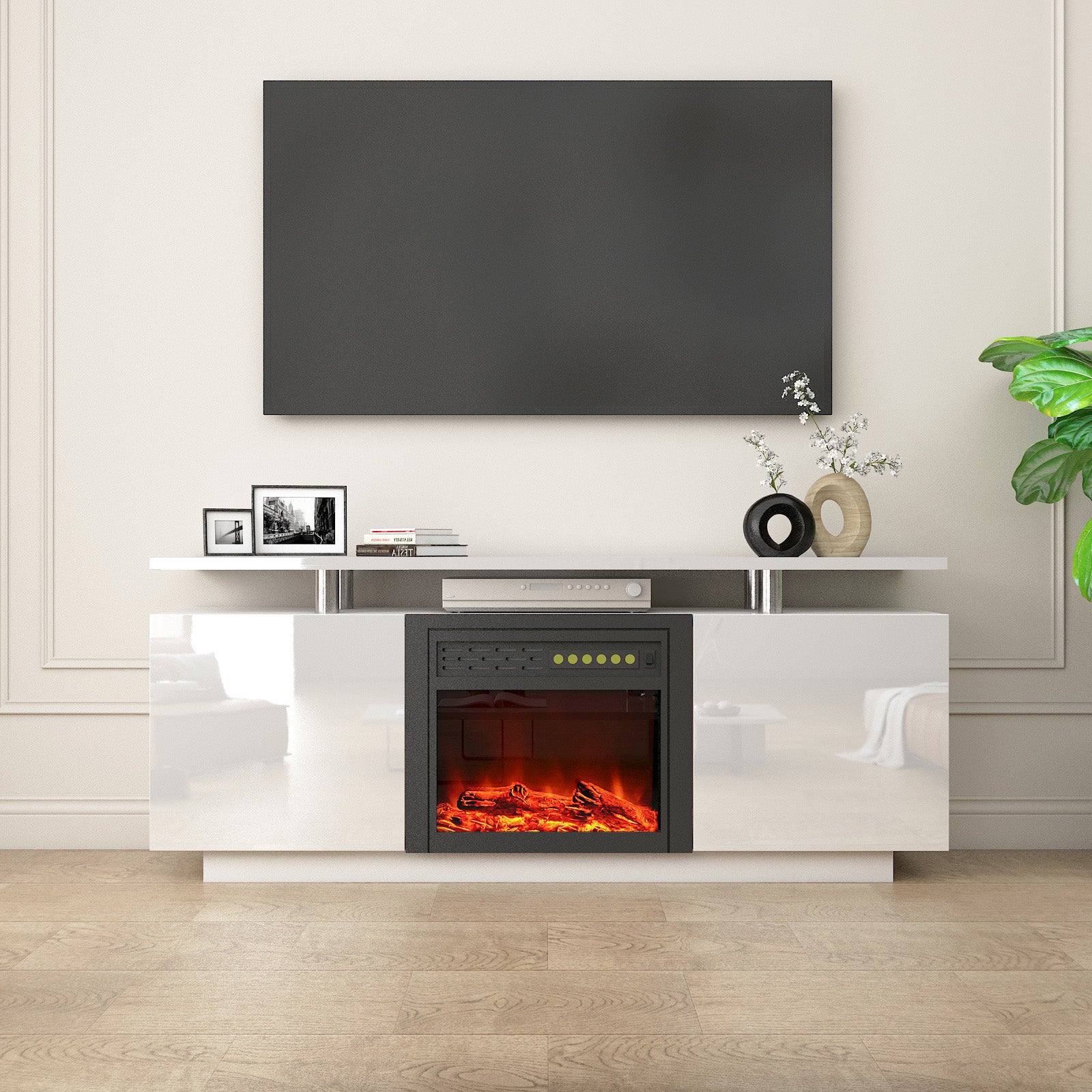 160Cm High Gloss Tv Cabinet Tv Unit With Fireplace ,Have Heat And Flam, image size:1600x1600