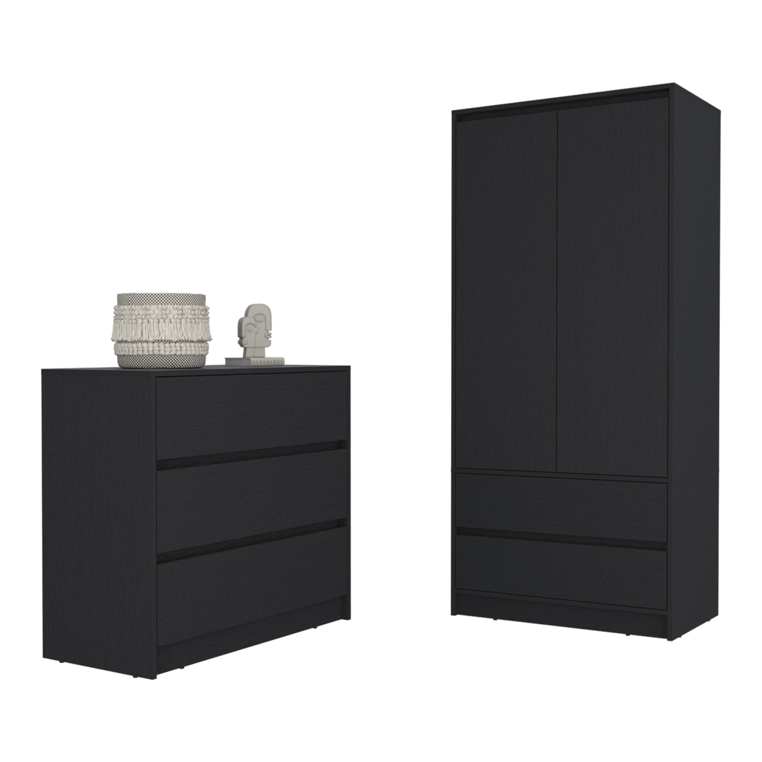 Lewes 2 Piece Bedroom Set, Dresser Armoire, Black Black Particle Board