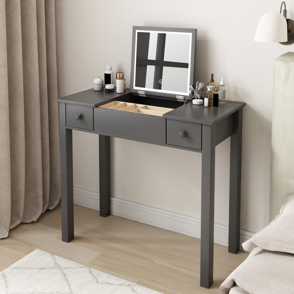 Sleek Grey Vanity Table With Led Lights, Flip Top Mirror And 2 Drawers, Jewelry Storage For Women Dressing Grey 2 Drawers Mdf Sleek Grey Vanity Table With Led Lights, Flip Top Mirror And 2 Drawers, Jewelry Storage For Women Dressing Grey 2 Drawers Mdf
