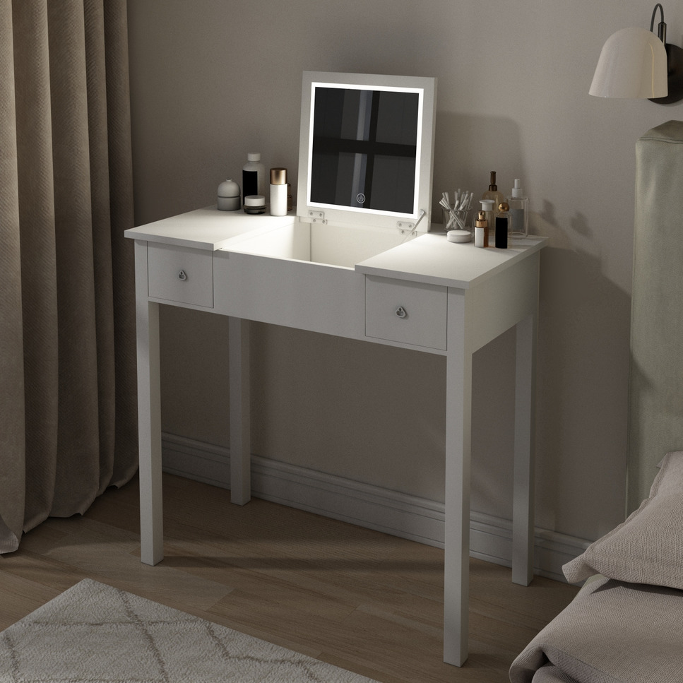 Chic White Vanity Table With Led Lights, Flip Top Mirror And 2 Drawers,  Jewelry Storage For Women Dressing White Mdf