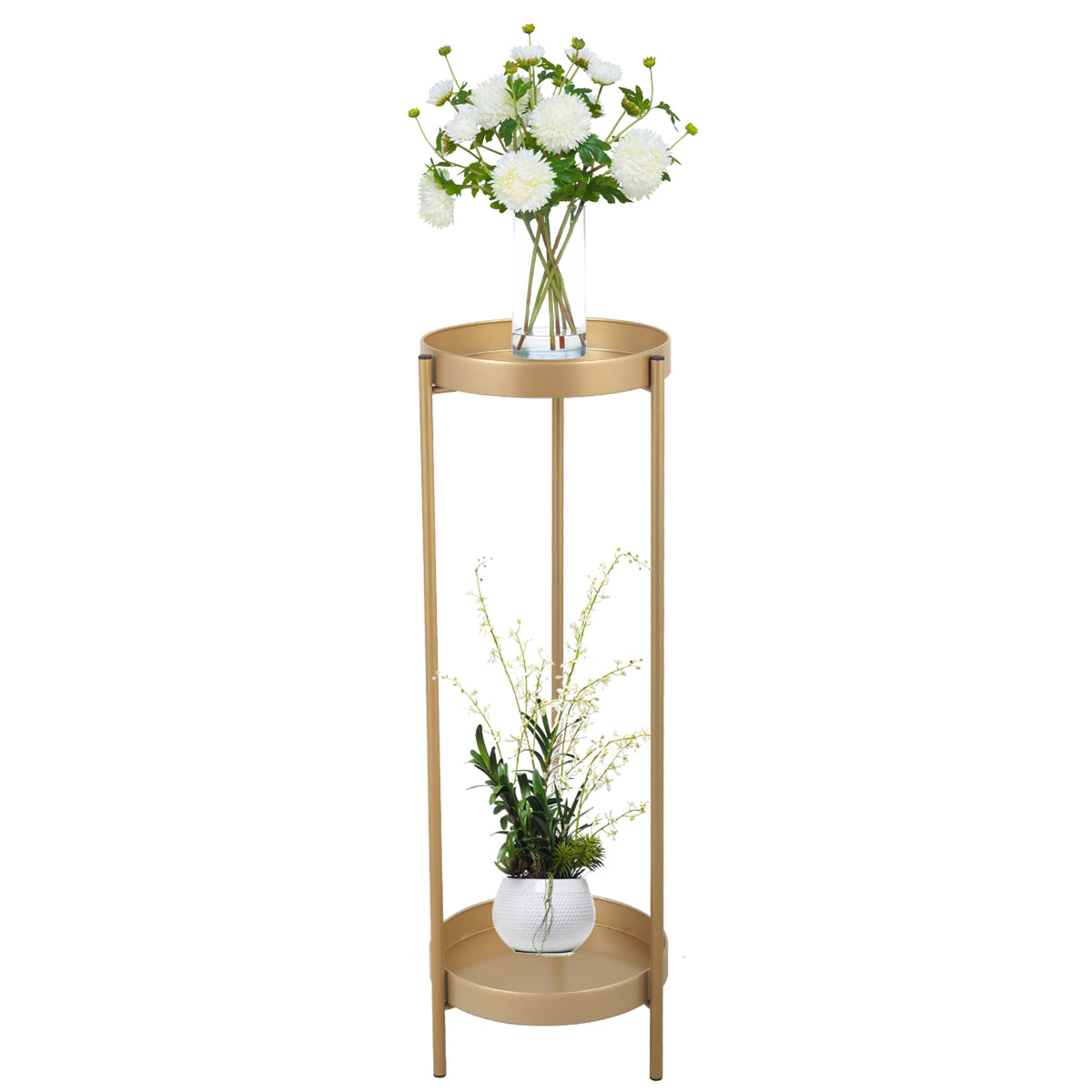 circular plant stand Modern Folding Metal 2 Tier Plant Stand Potted Plant Holder Shelf With 2 Round Trays Indoor Outdoor, Versatile, Golden Golden Metal
