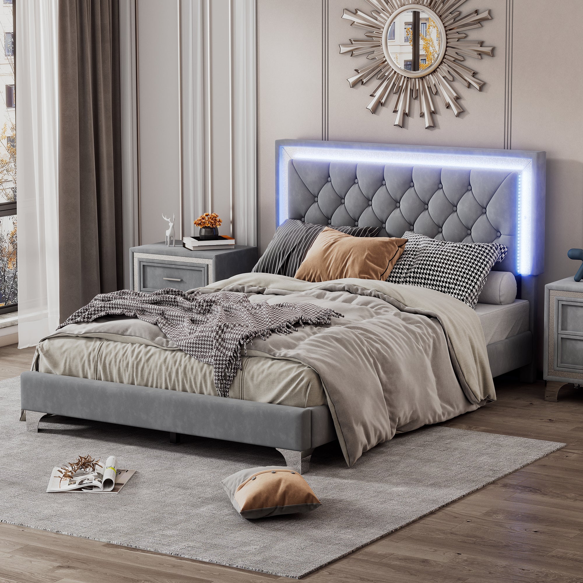 Full Size Upholstered Bed Frame With Led Lights,Modern Velvet Platform