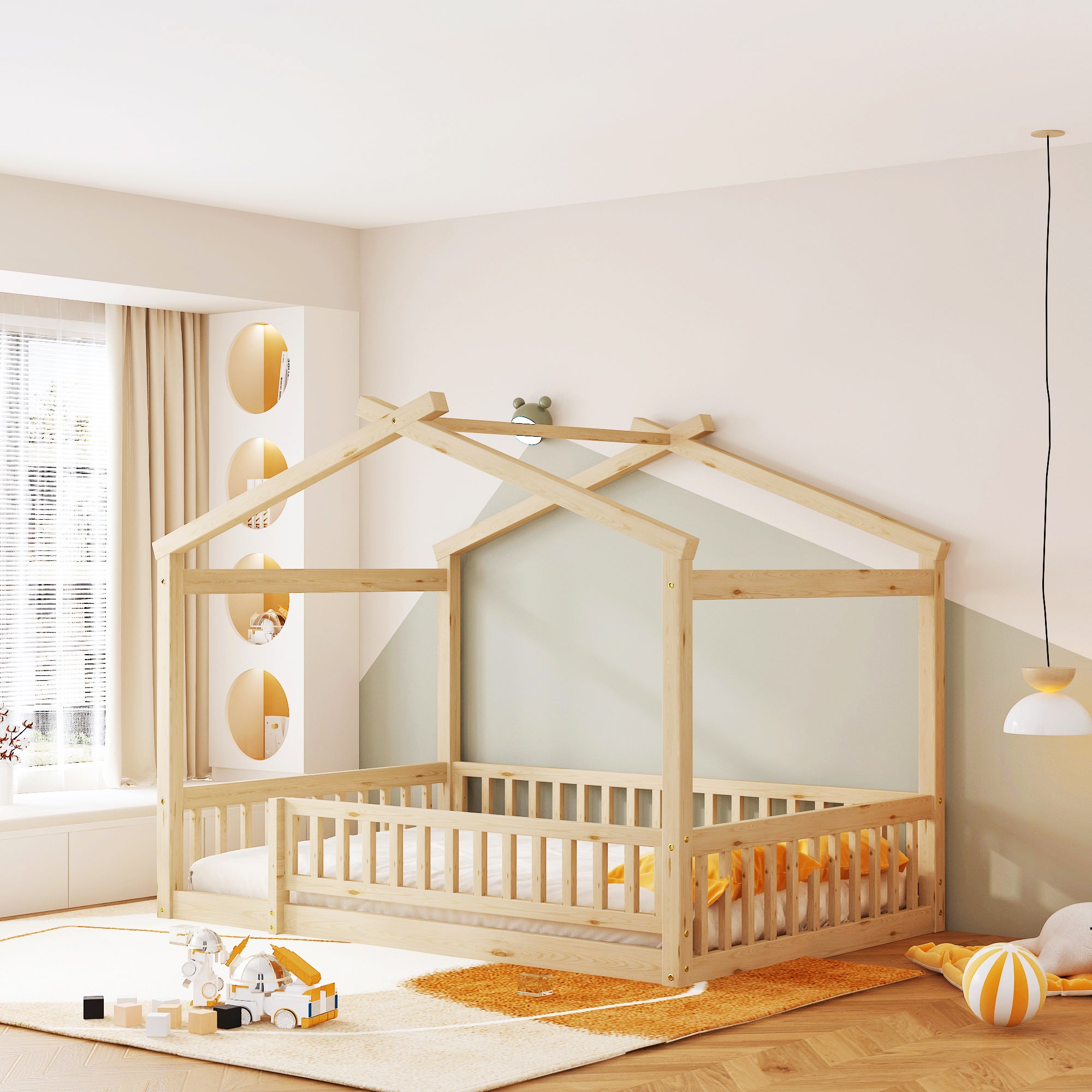 Full Size Wood Bed House Bed Frame With Fence, For Kids, Teens, Girls,