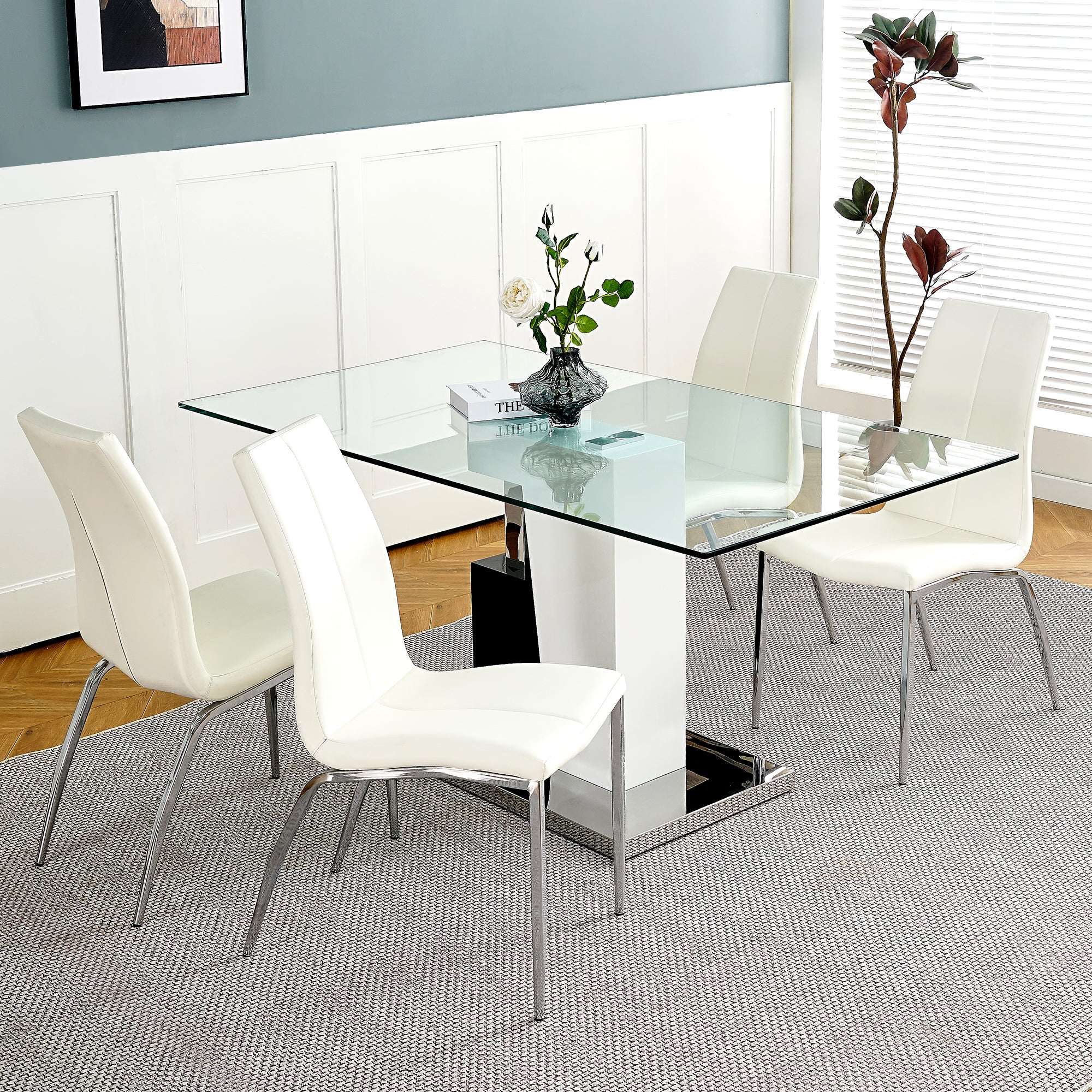 Modern Style Glass Table, Pu Fabric Chair Electroplated Chair Legs, So