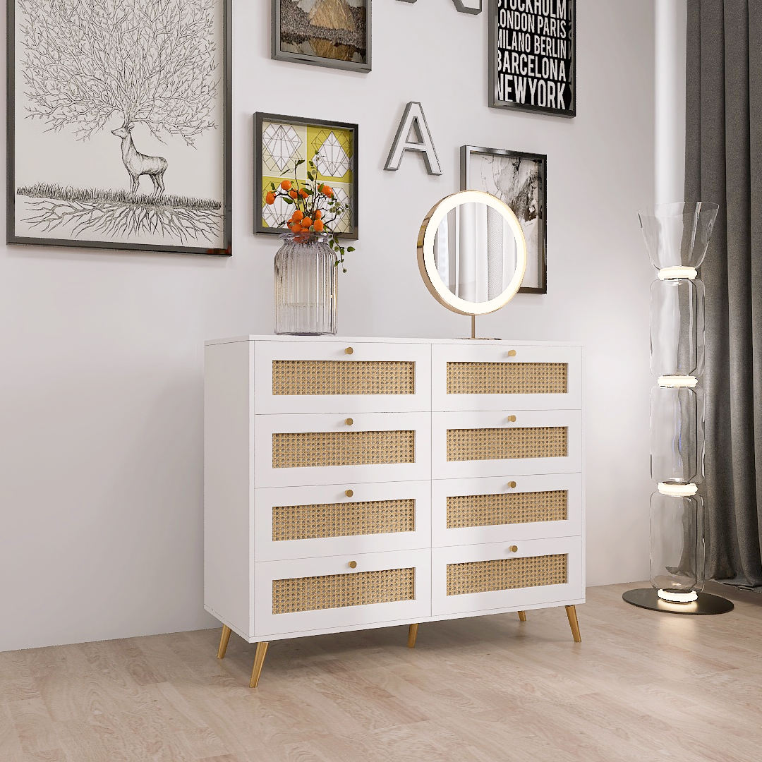 White Color 8 Drawers Chest Of Drawers With Rattan Drawer Face Golden White Color 8 Drawers Chest Of Drawers With Rattan Drawer Face Golden