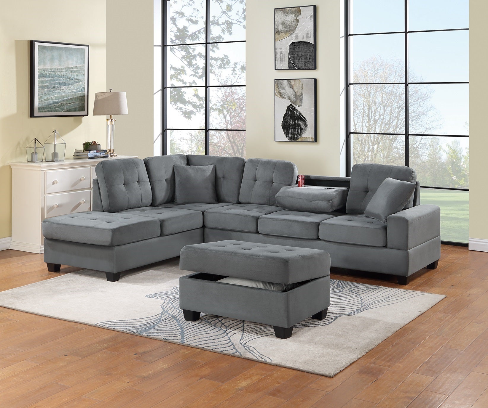 LOEFF dark gray ジレ　サイズ0 Dark Gray Plush Microfiber Living Room Furniture 3 Pcs Reversible Sect
